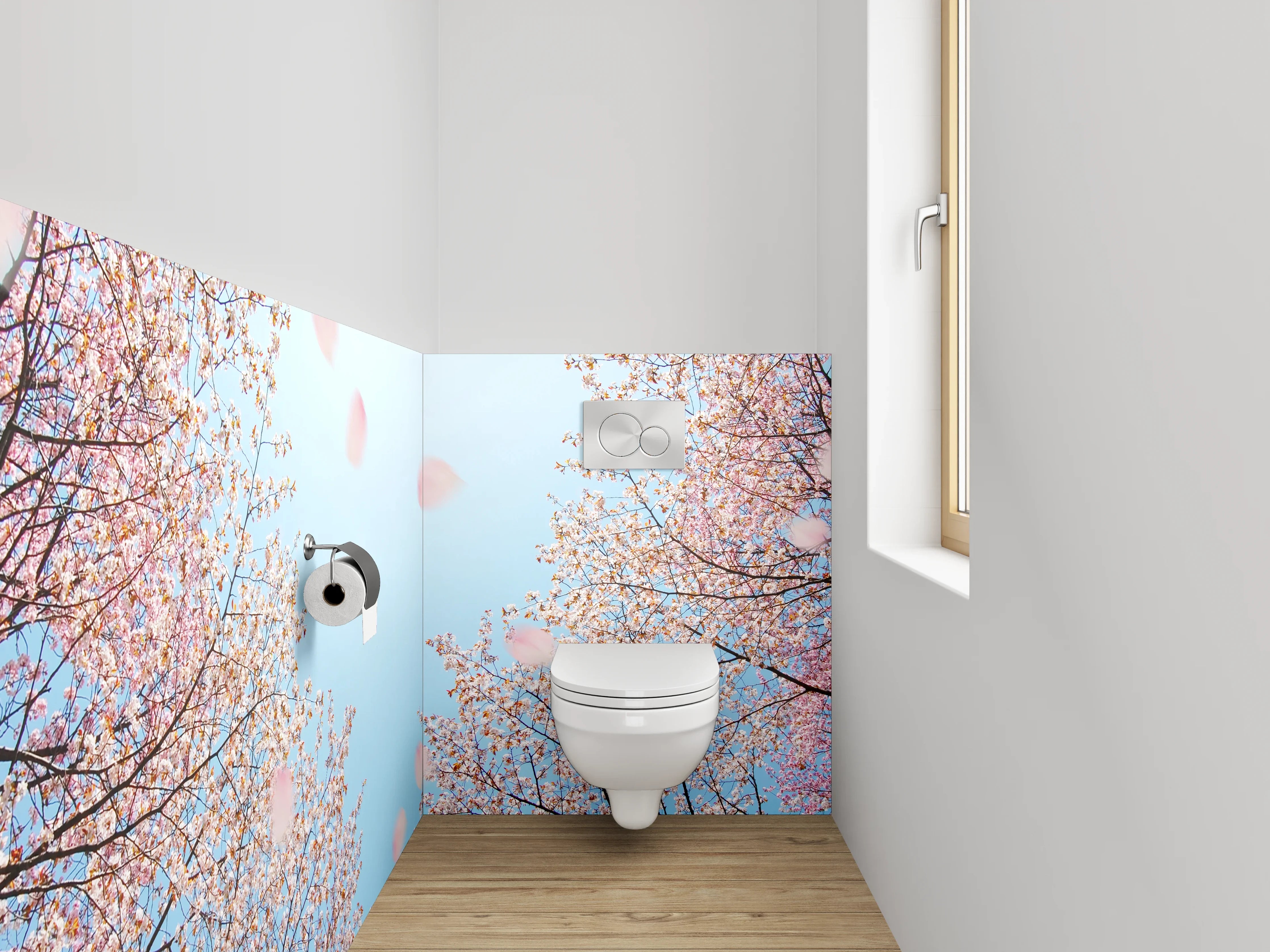 WC-Rückwand - Kirschblütenhimmel auf blauem Hintergrund