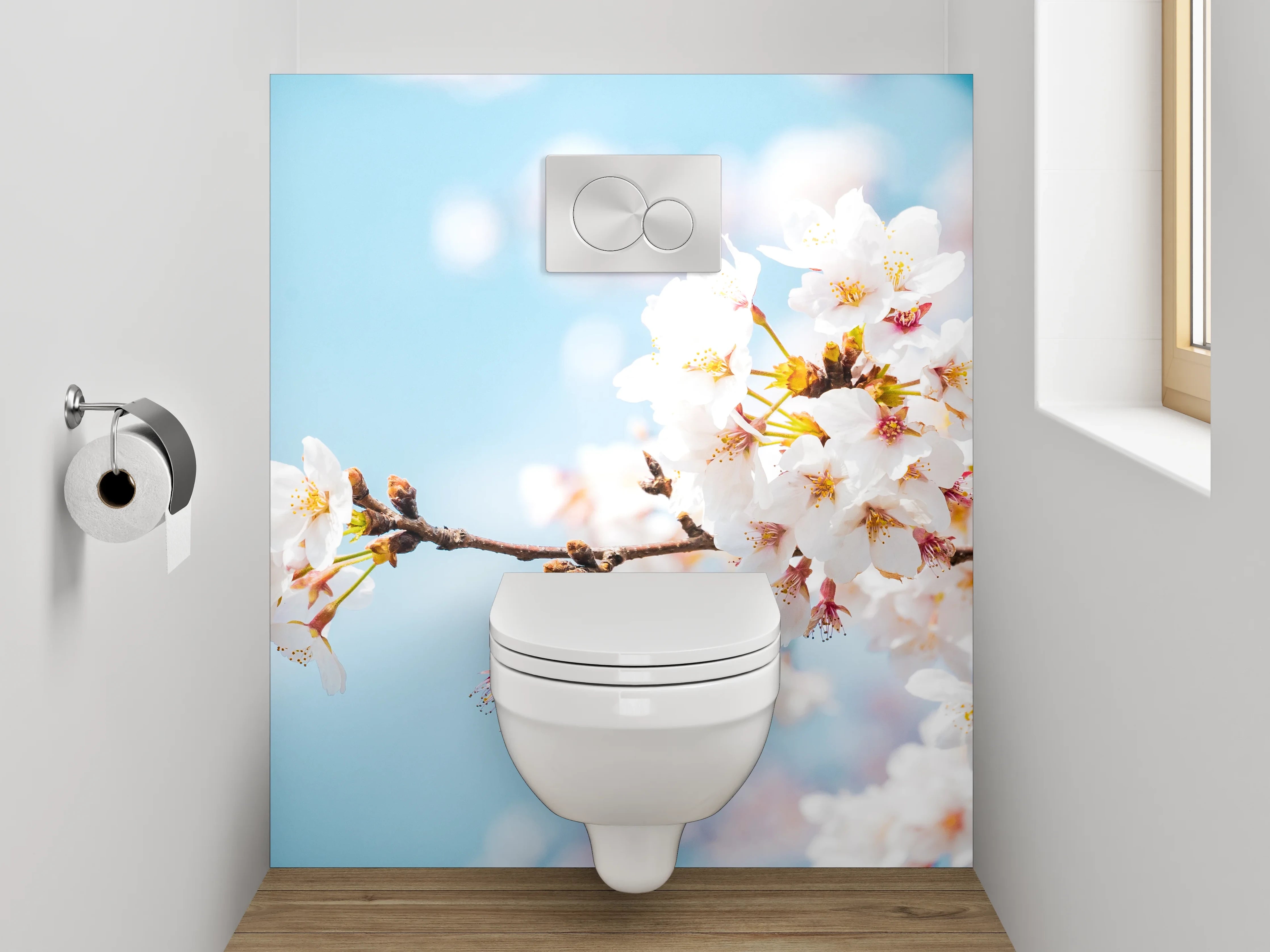 WC-Rückwand - Kirschblütenzweig vor blauem Himmel