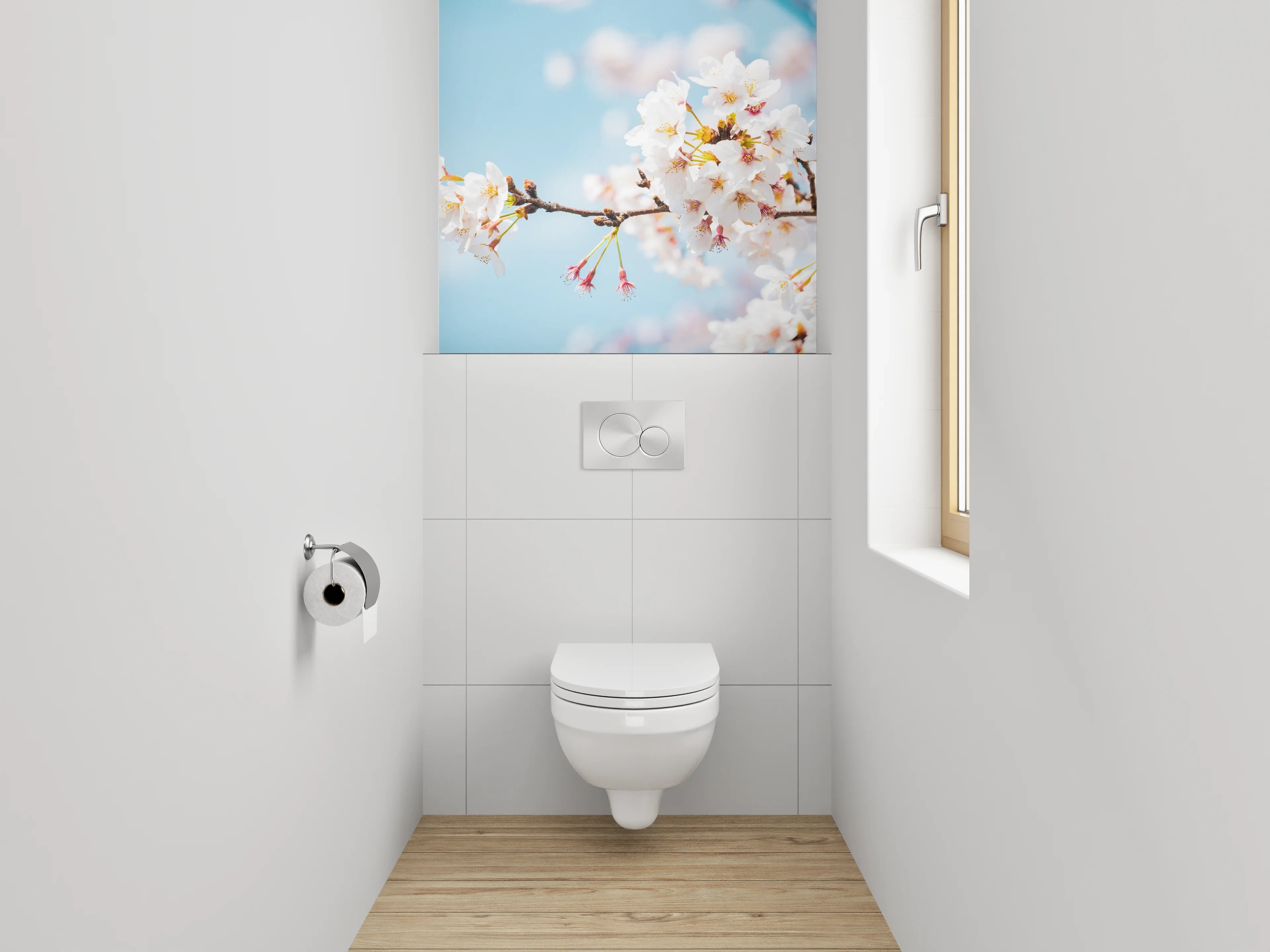 WC-Rückwand - Kirschblütenzweig vor blauem Himmel