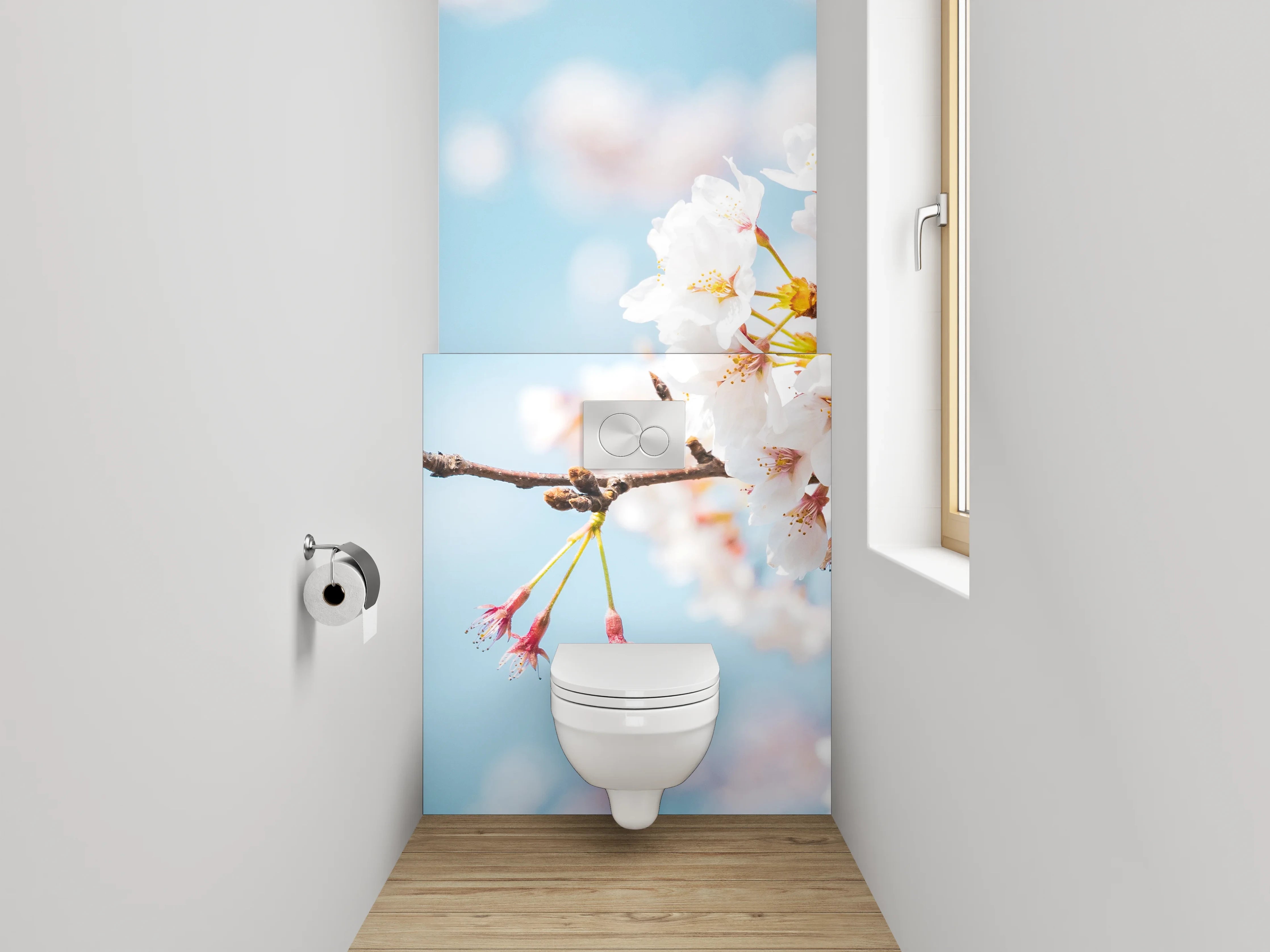 WC-Rückwand - Kirschblütenzweig vor blauem Himmel