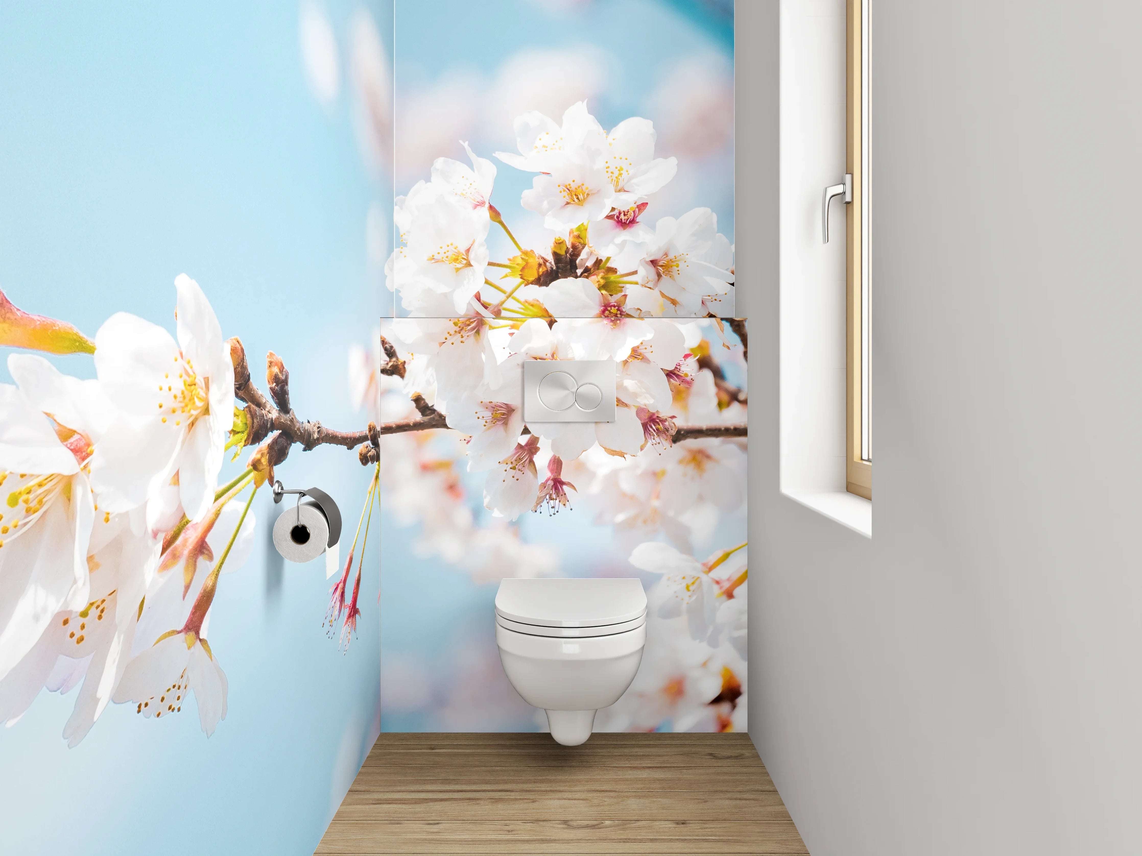 WC-Rückwand - Kirschblütenzweig vor blauem Himmel