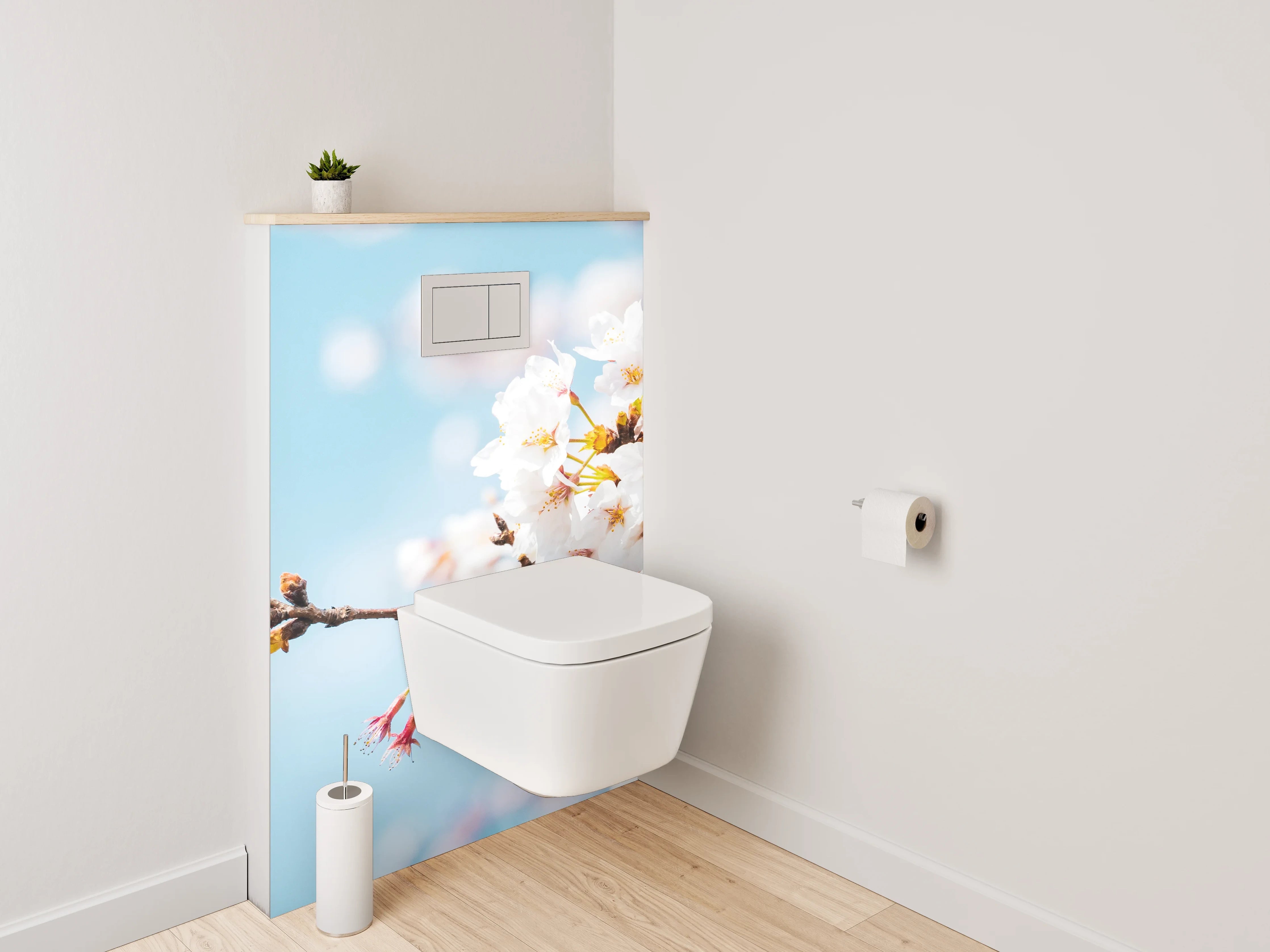 WC-Rückwand - Kirschblütenzweig vor blauem Himmel