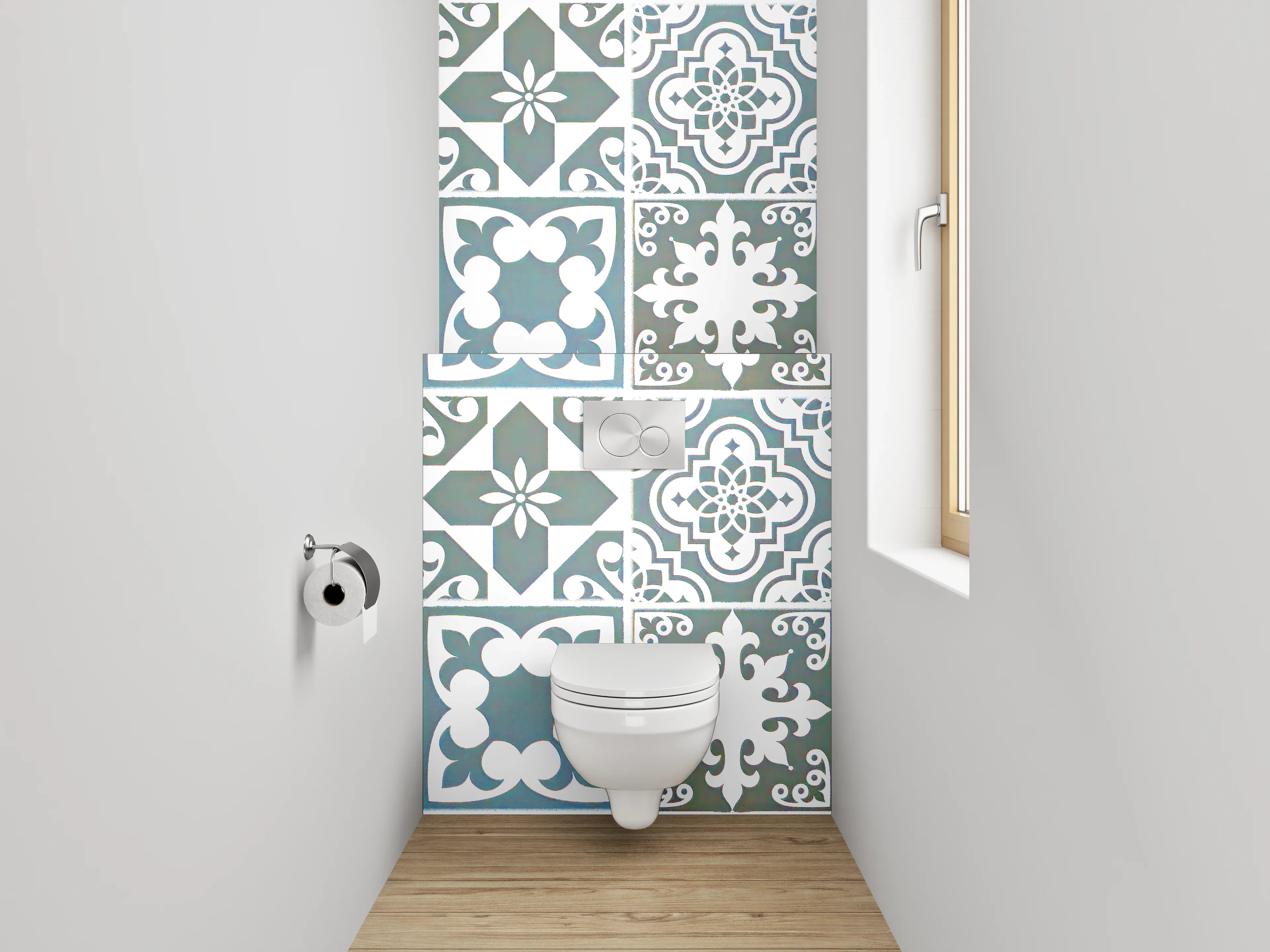 WC-Rückwand - Klassische Blautöne auf grauweißen Fliesen