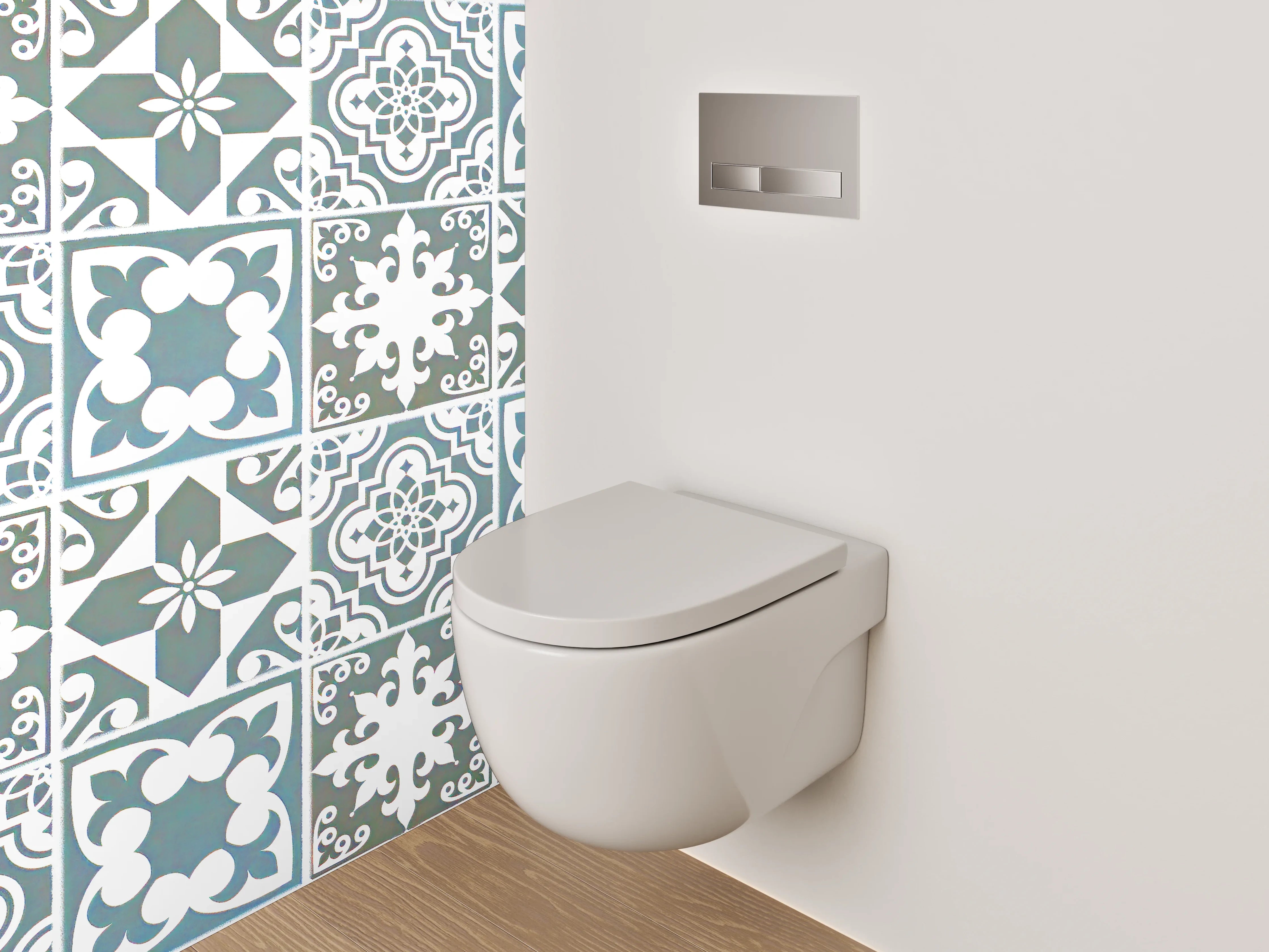 WC-Rückwand - Klassische Blautöne auf grauweißen Fliesen