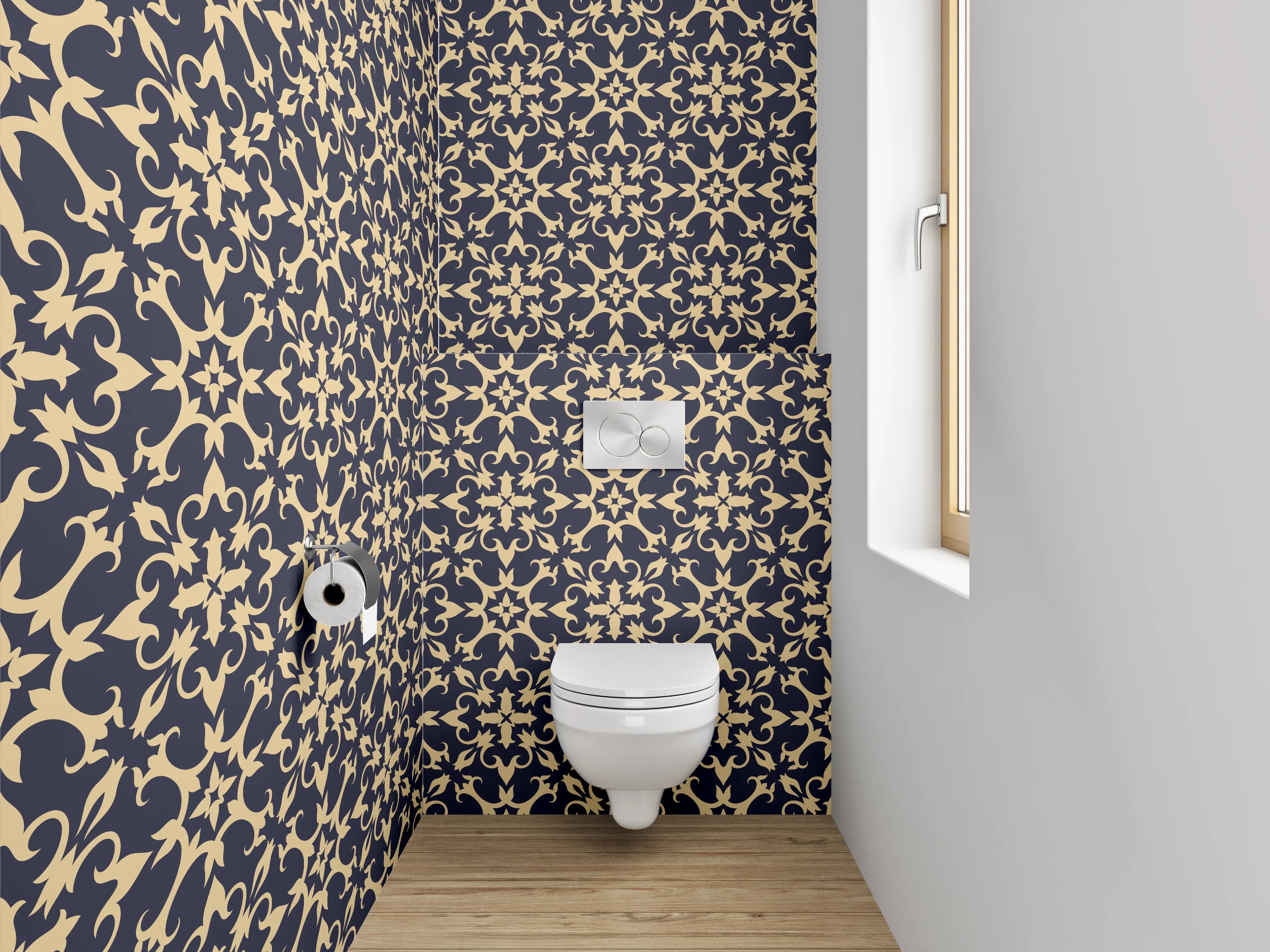 WC-Rückwand - Klassisches Ornament Muster Dunkelblau Gold