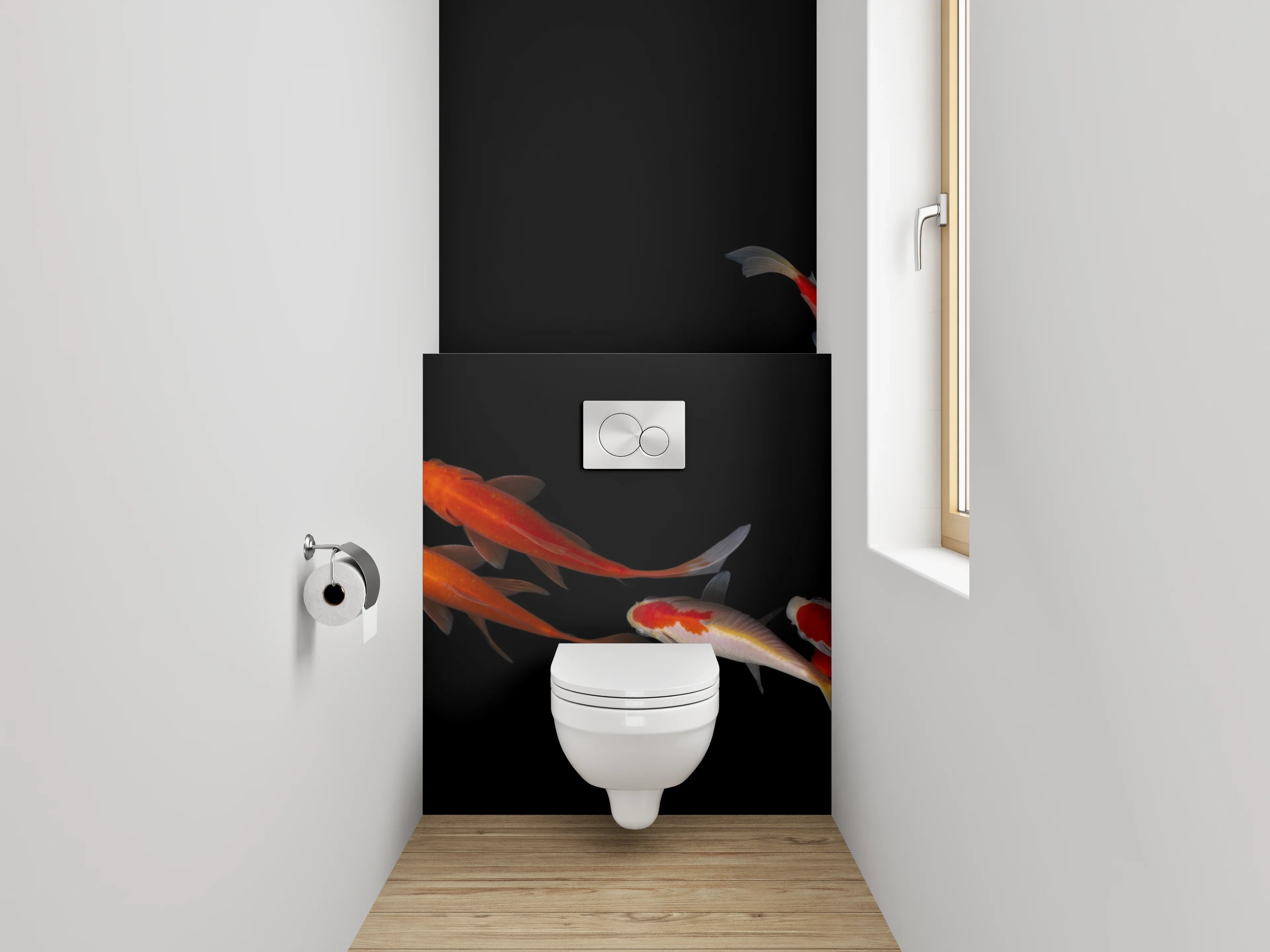 WC-Rückwand - Koi-Fische auf schwarzem Hintergrund