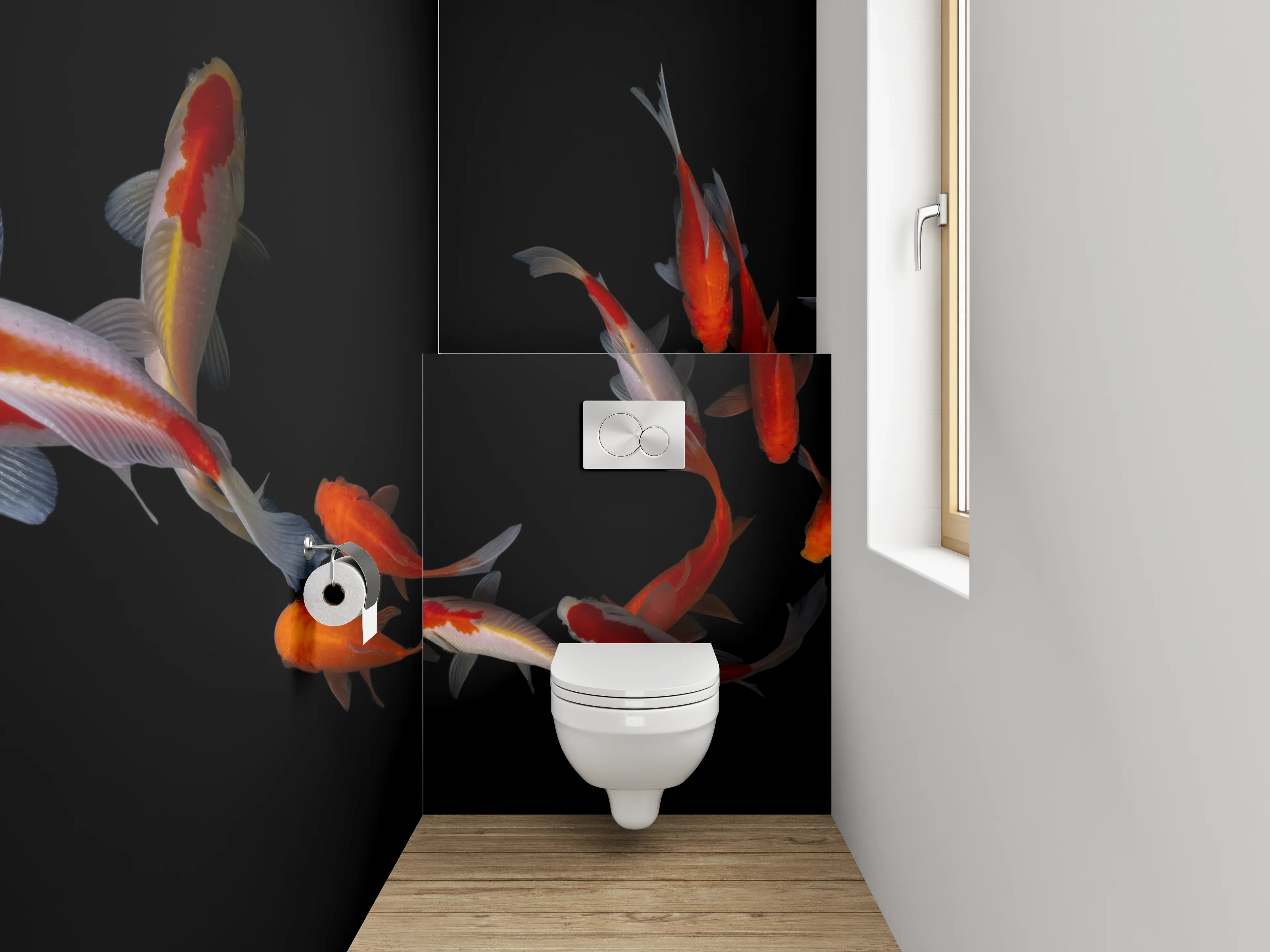 WC-Rückwand - Koi-Fische auf schwarzem Hintergrund