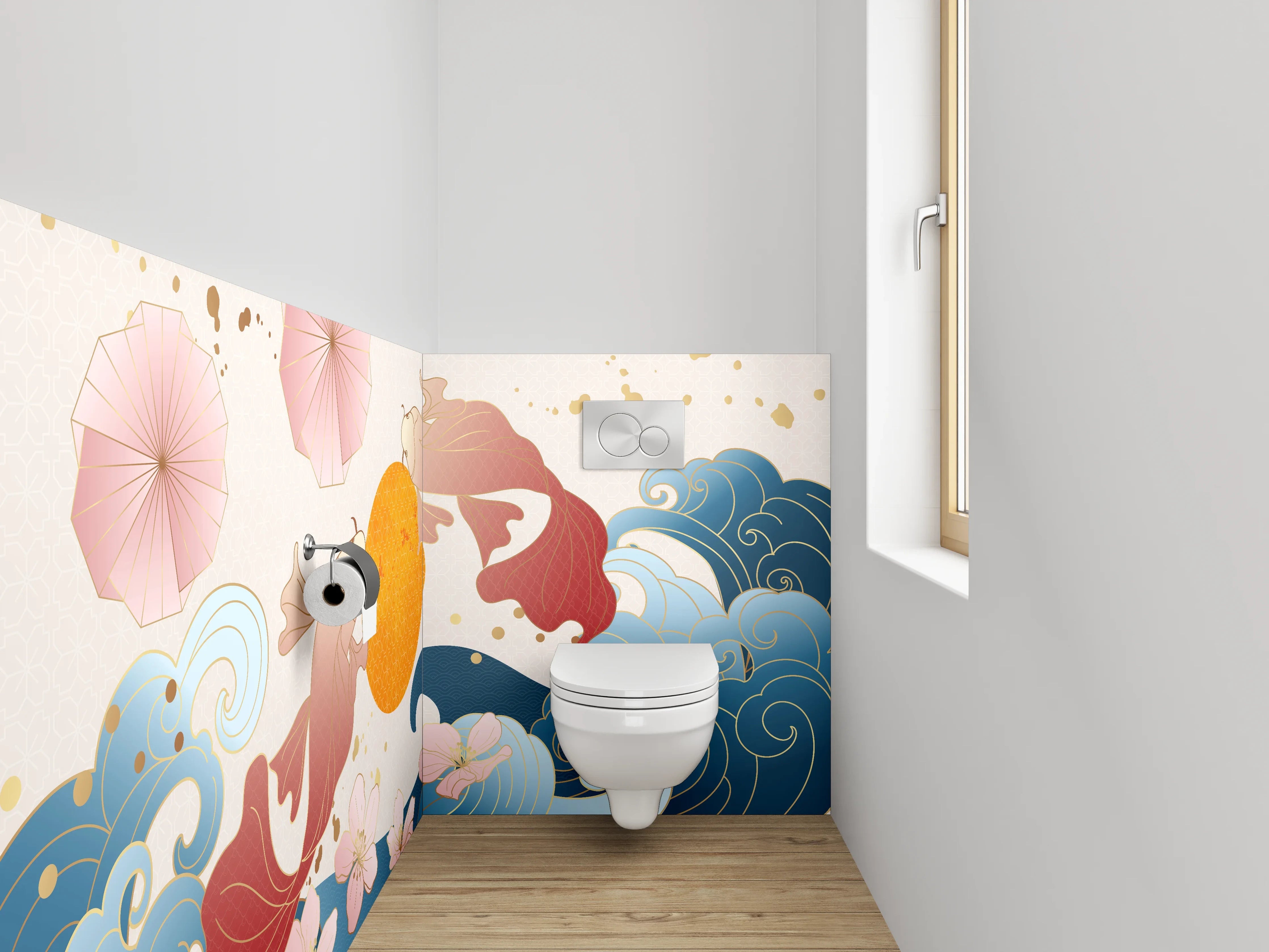 WC-Rückwand - Koi Fische mit Wellen und Sonne