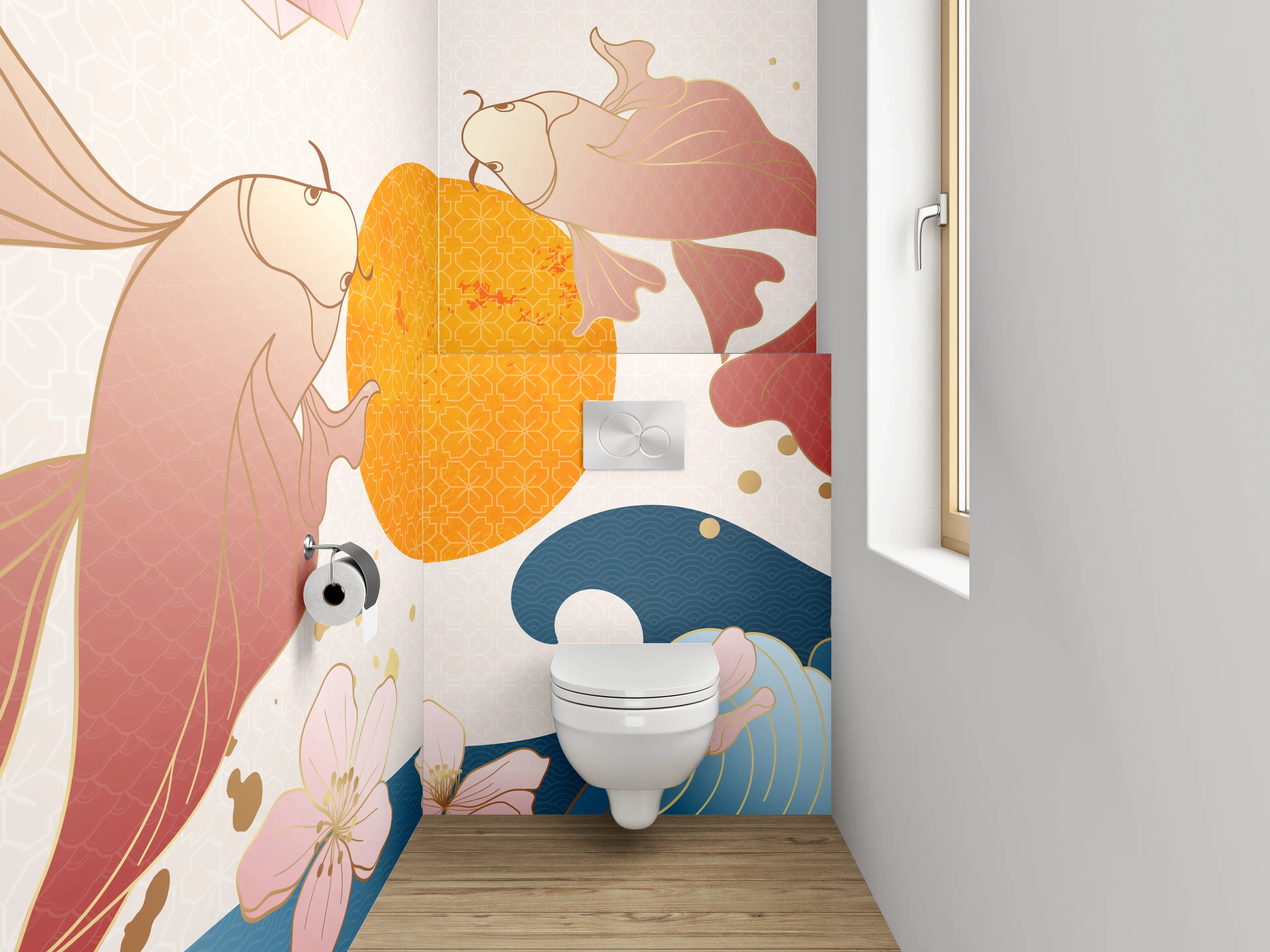 WC-Rückwand - Koi Fische mit Wellen und Sonne