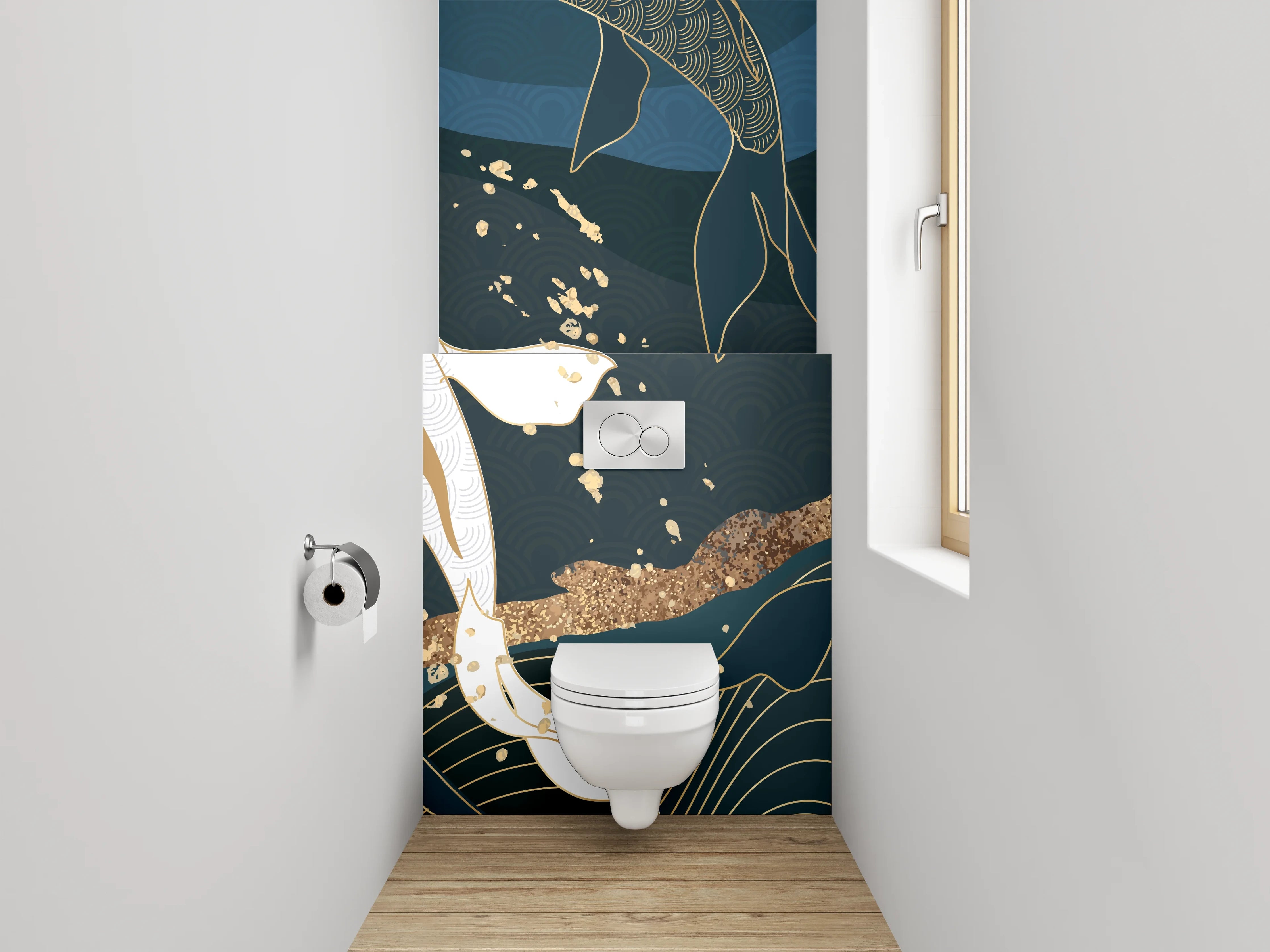 WC-Rückwand - Koi Karpfen Kunst Blau Gold