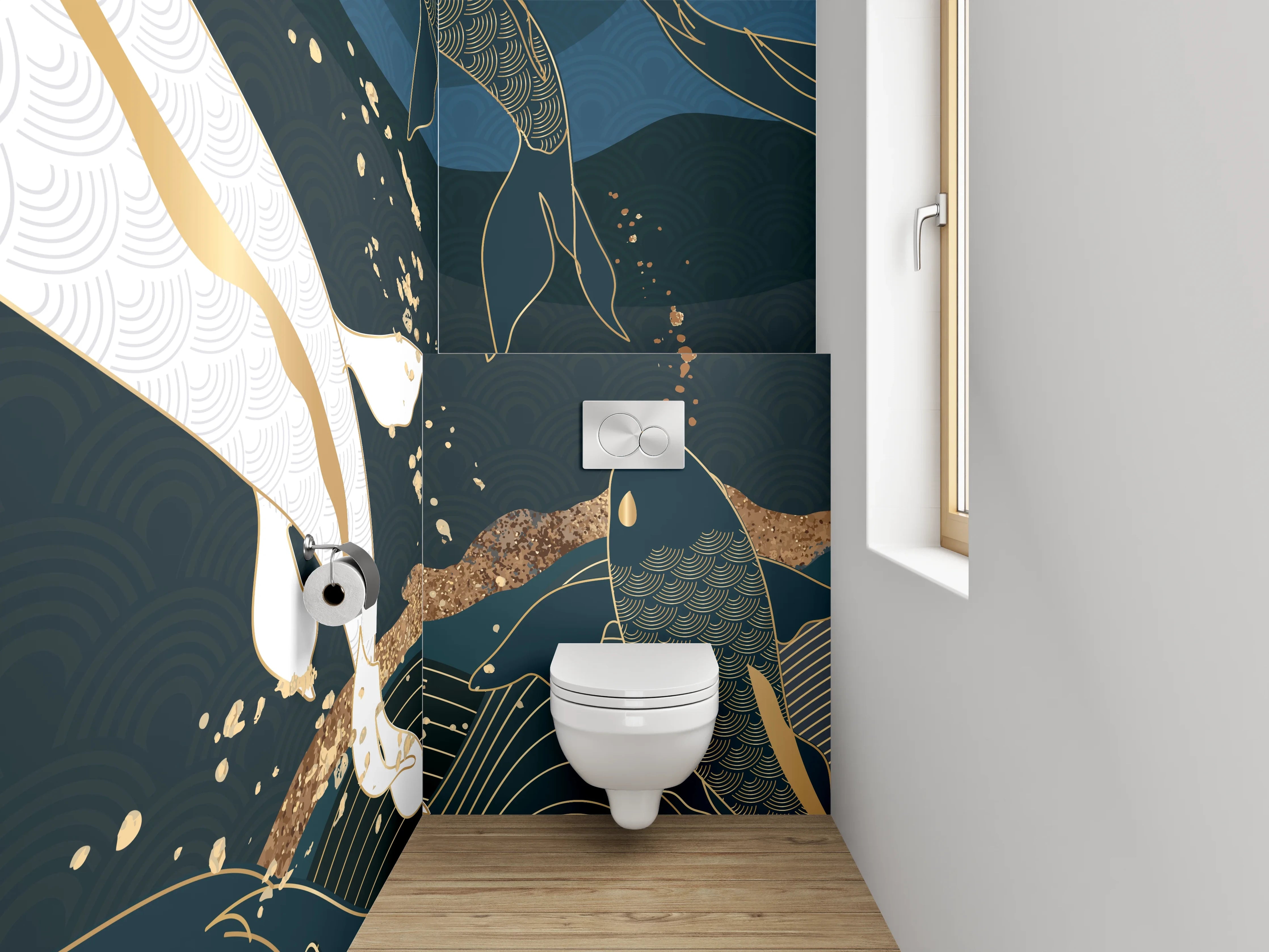 WC-Rückwand - Koi Karpfen Kunst Blau Gold