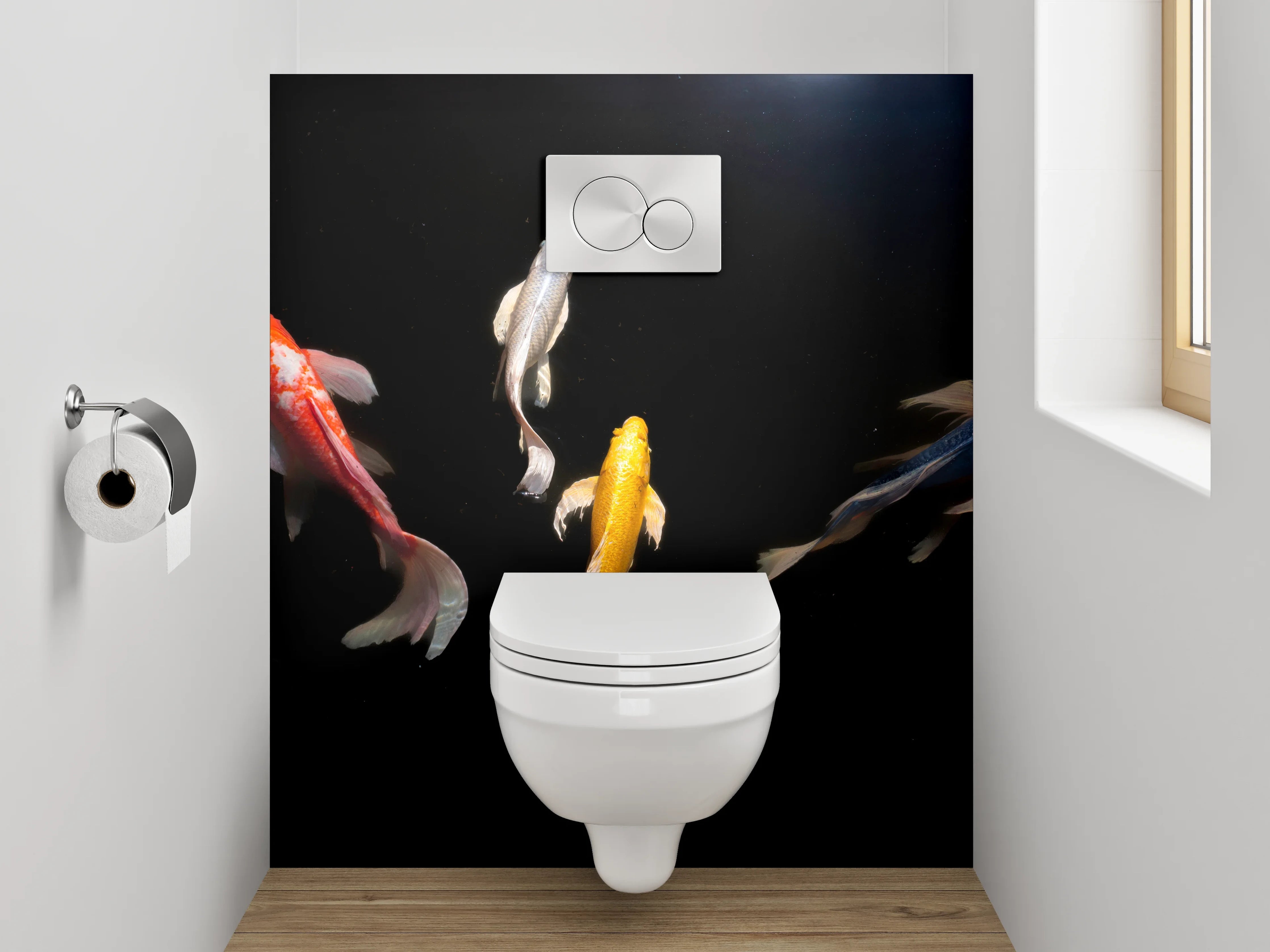 WC-Rückwand - Koi-Karpfen auf schwarzem Hintergrund