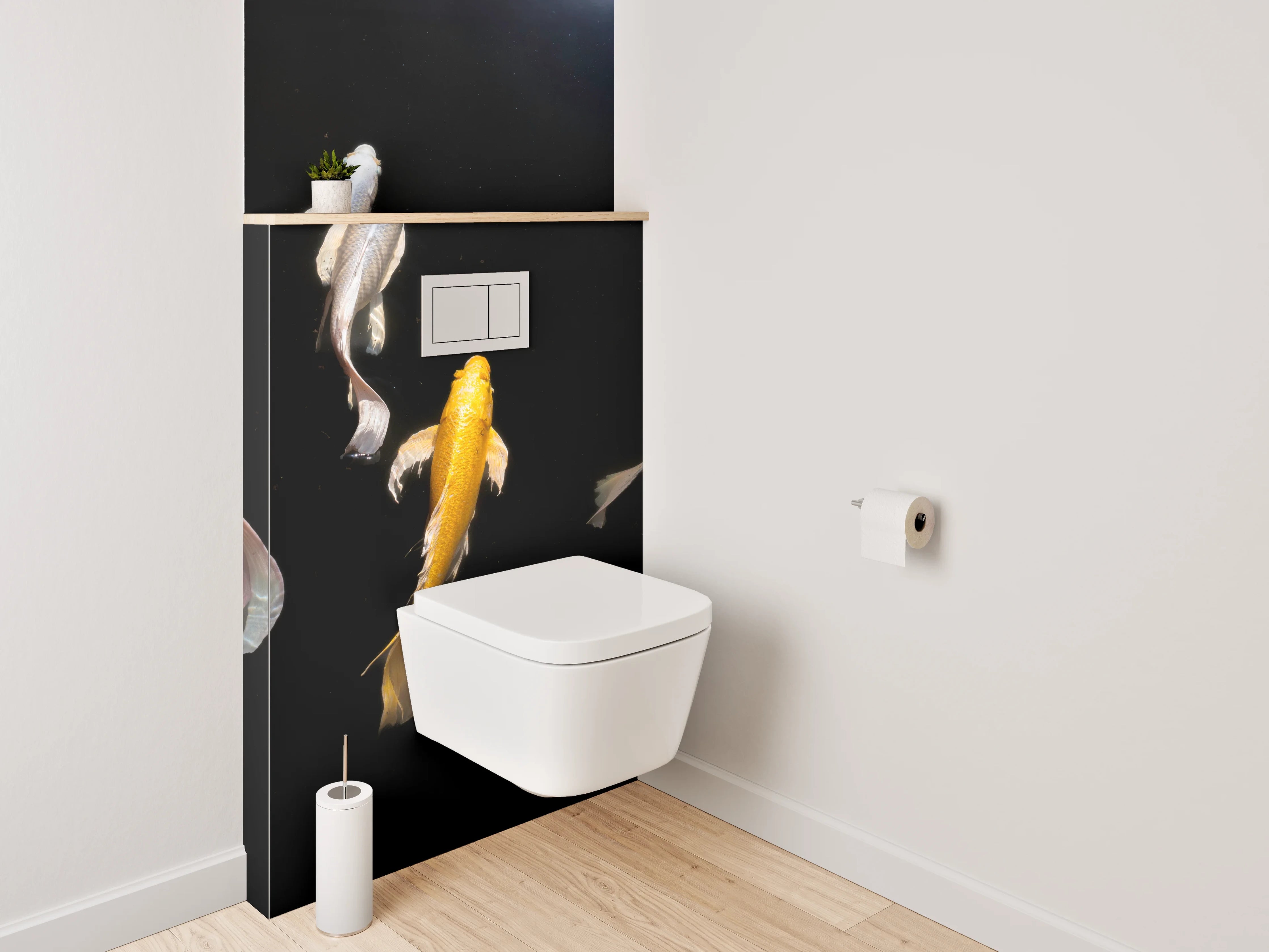 WC-Rückwand - Koi-Karpfen auf schwarzem Hintergrund