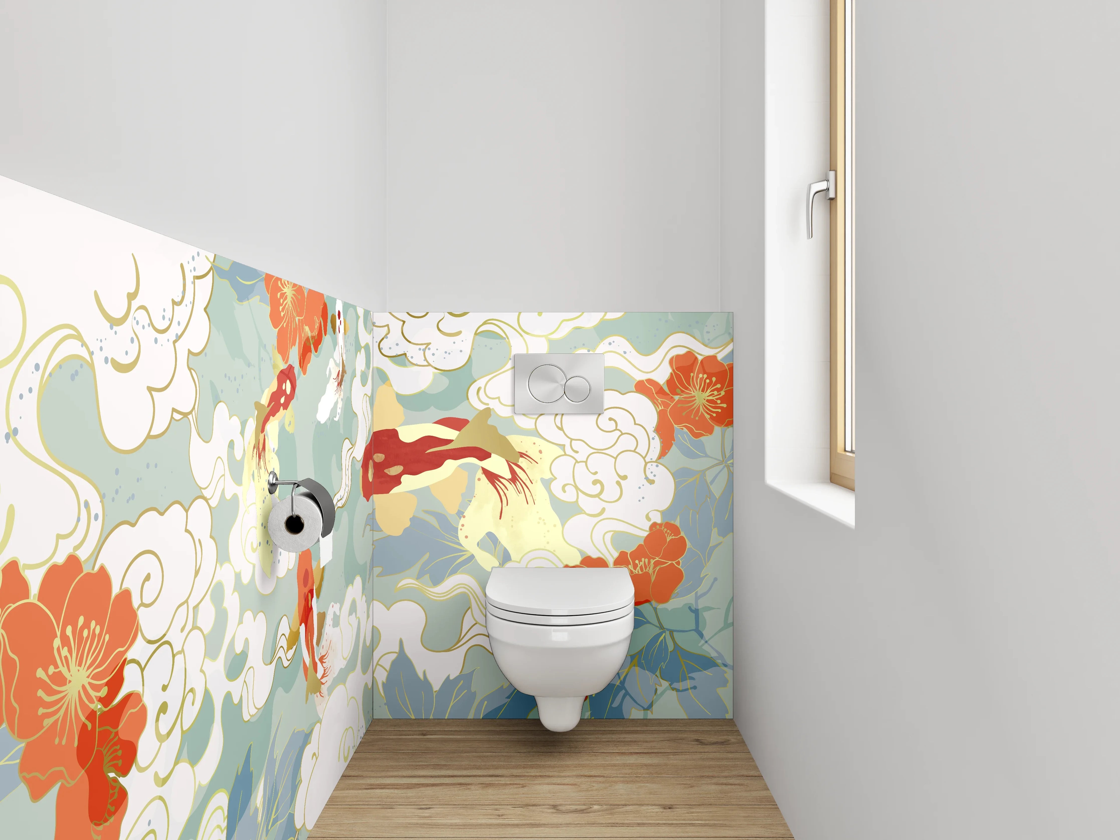 WC-Rückwand - Koi-Karpfen und Kirschblüten Kunst