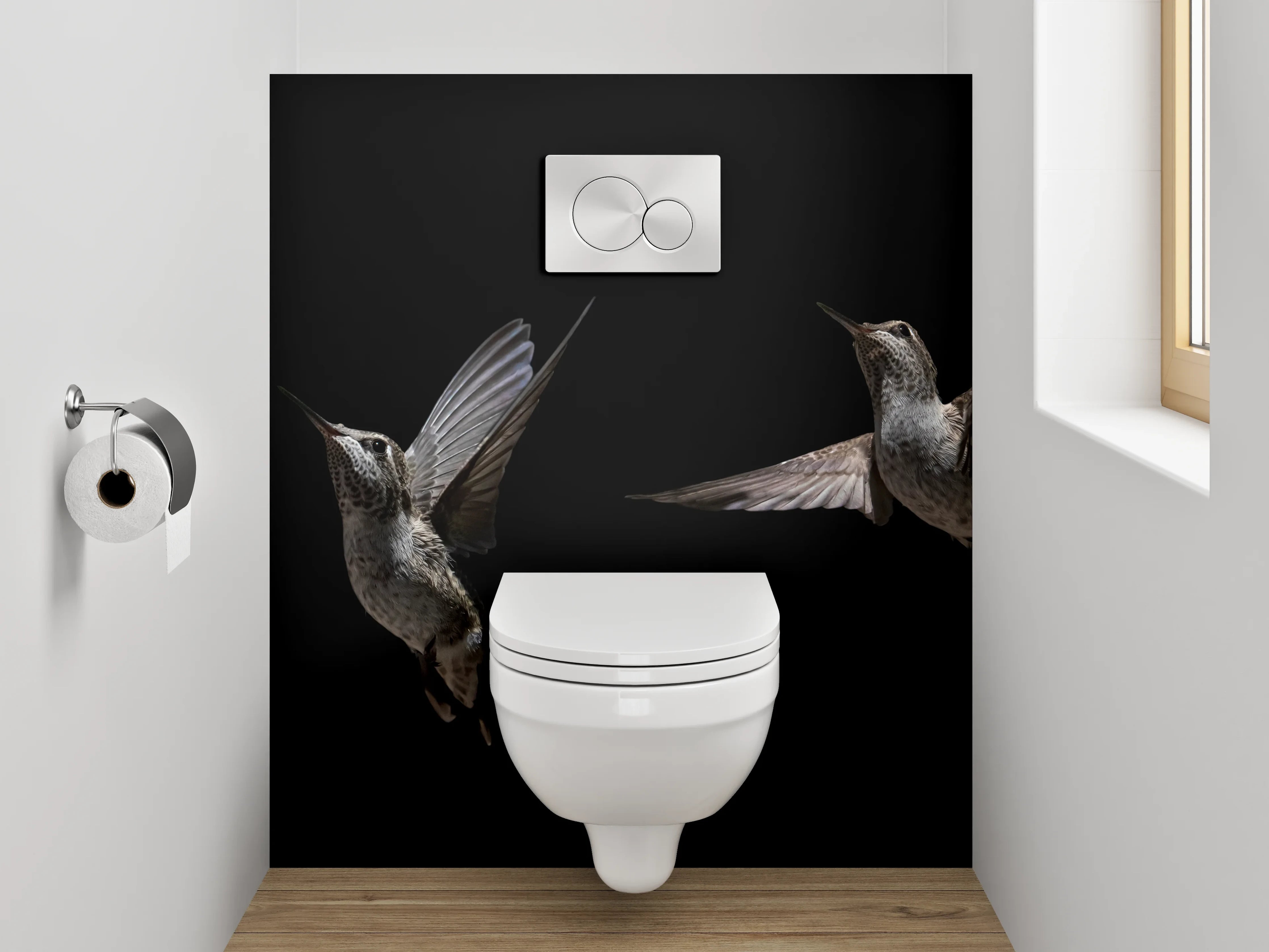 WC-Rückwand - Kolibri bei Blume auf Schwarz