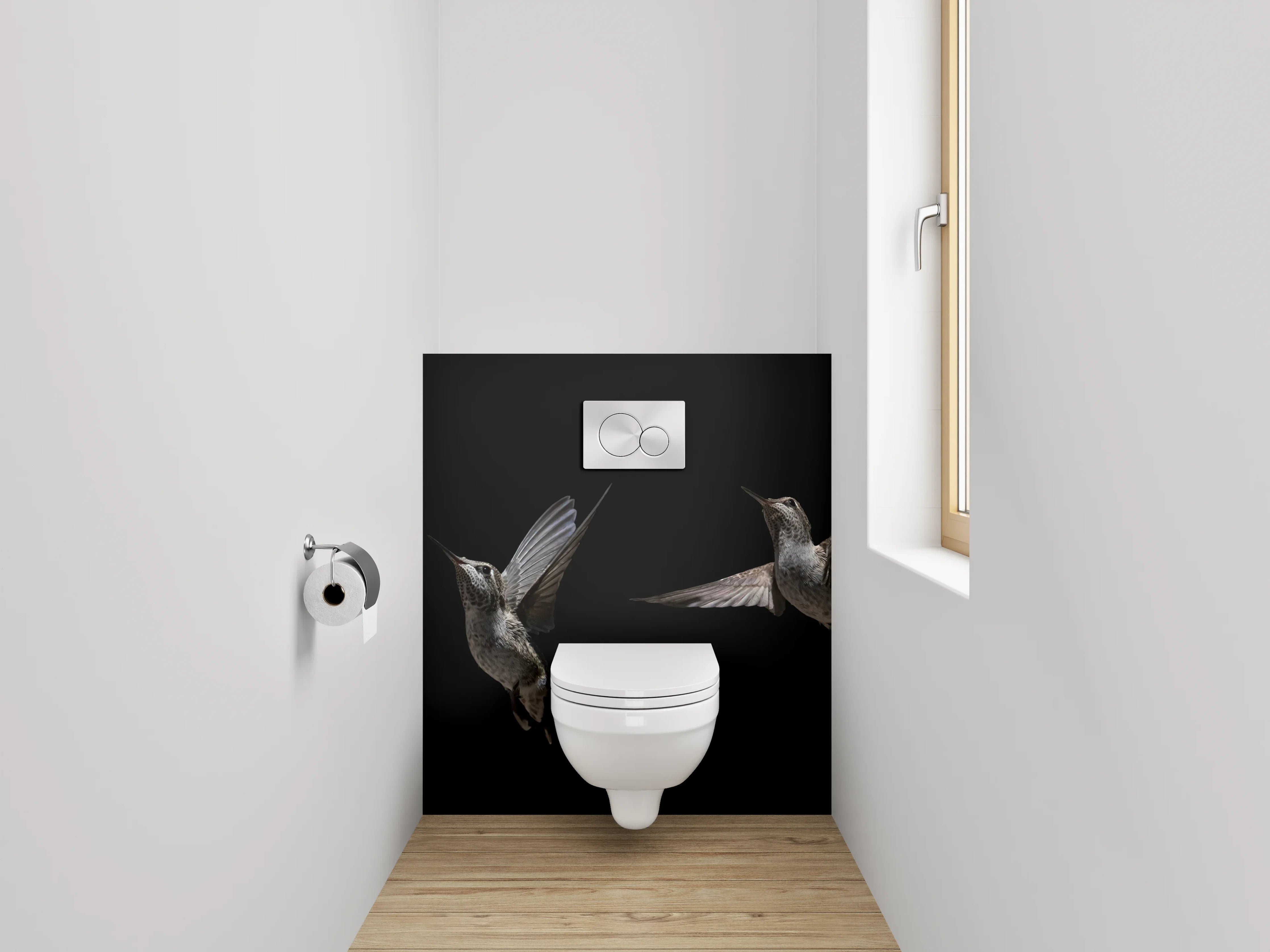WC-Rückwand - Kolibri bei Blume auf Schwarz