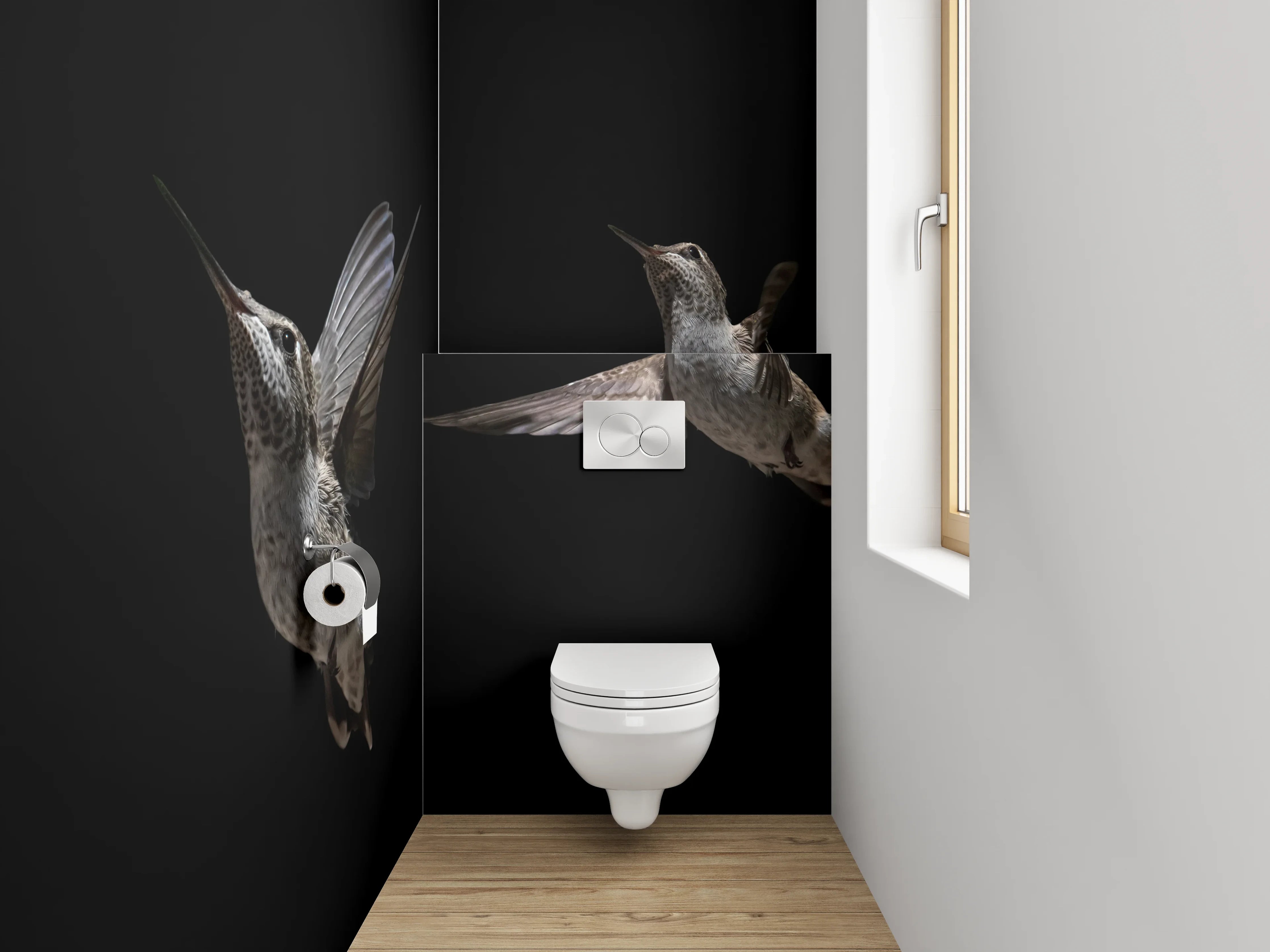 WC-Rückwand - Kolibri bei Blume auf Schwarz