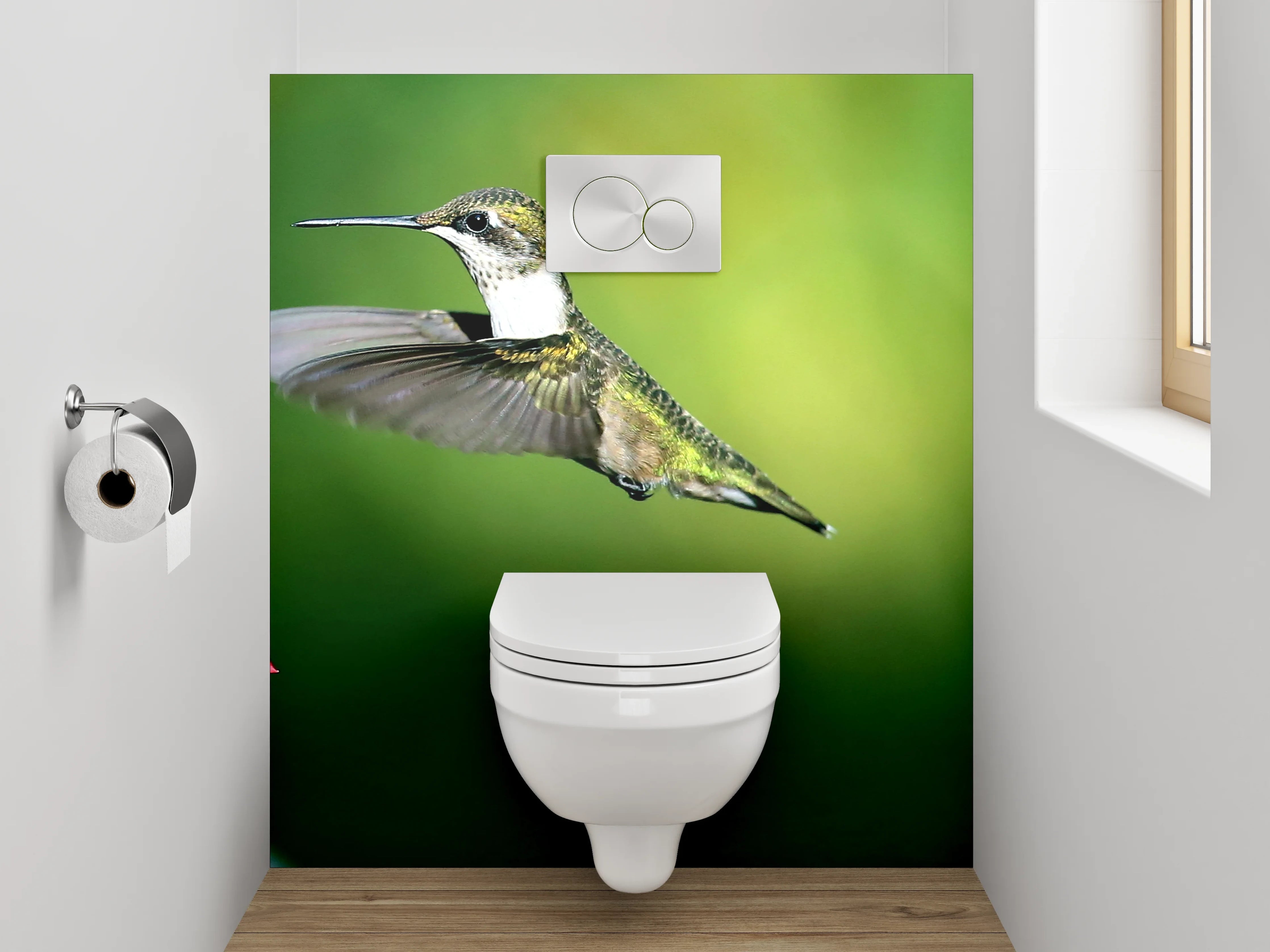 WC-Rückwand - Kolibri fliegend bei roten Blüten