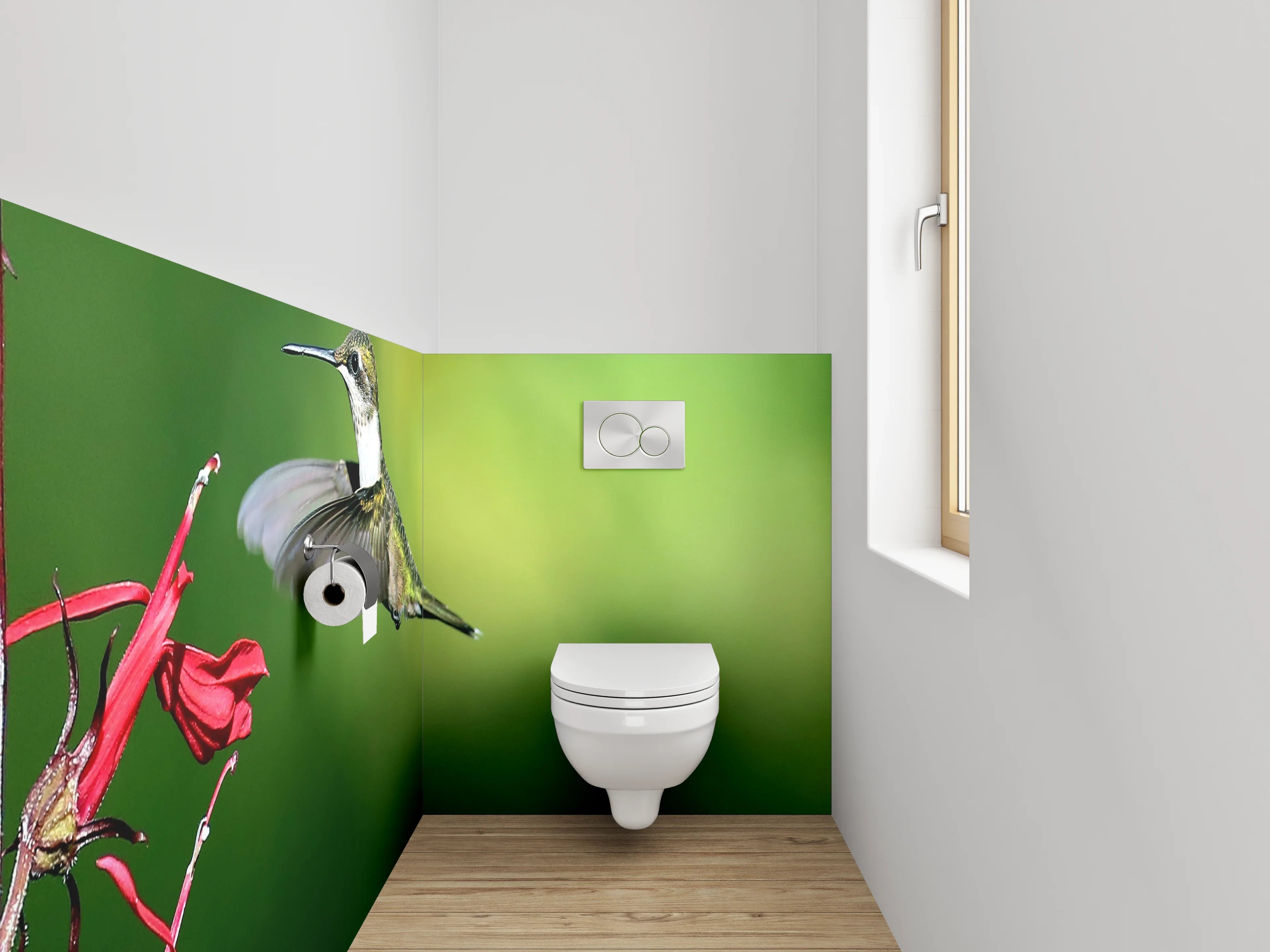 WC-Rückwand - Kolibri fliegend bei roten Blüten