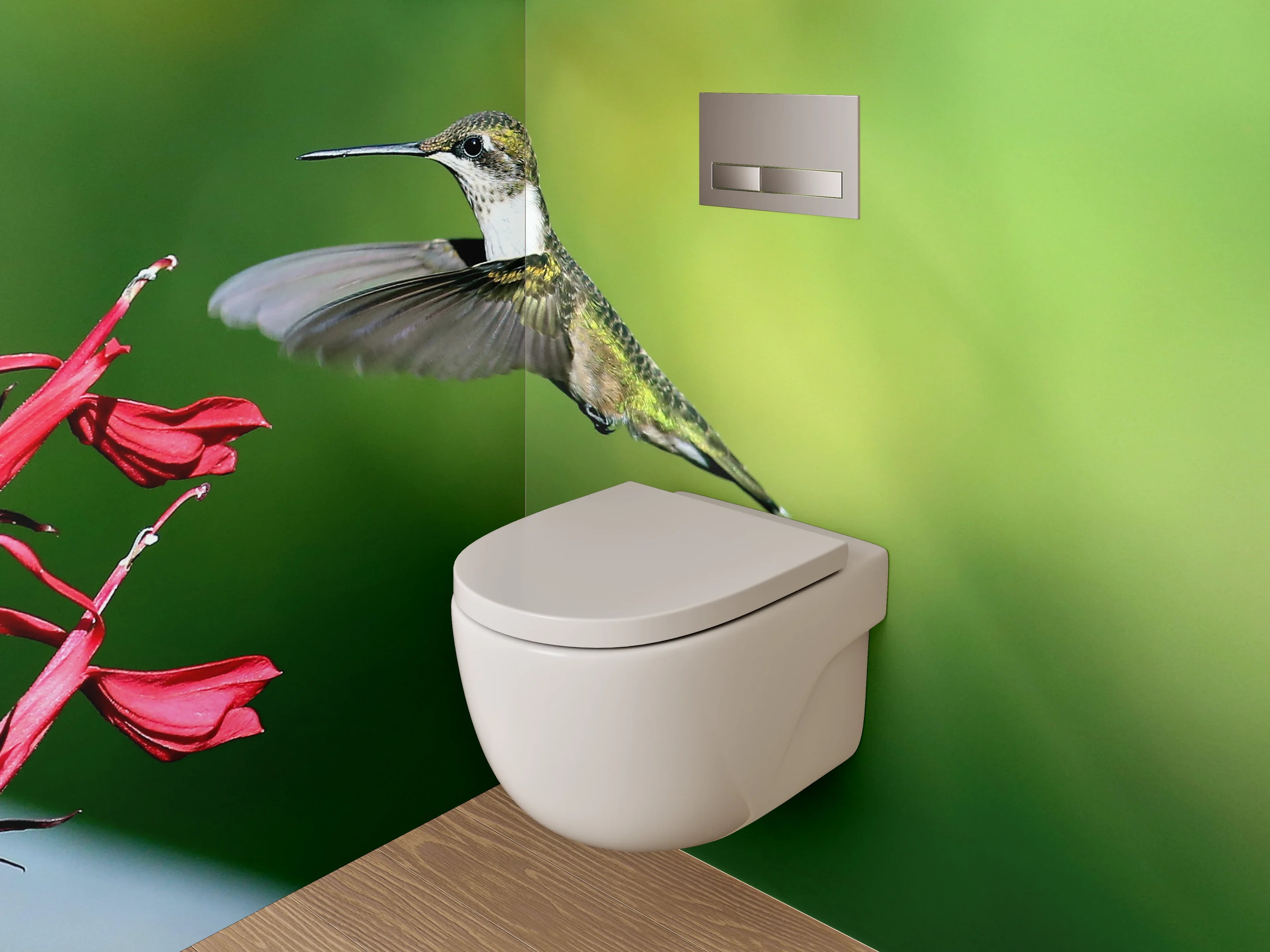WC-Rückwand - Kolibri fliegend bei roten Blüten