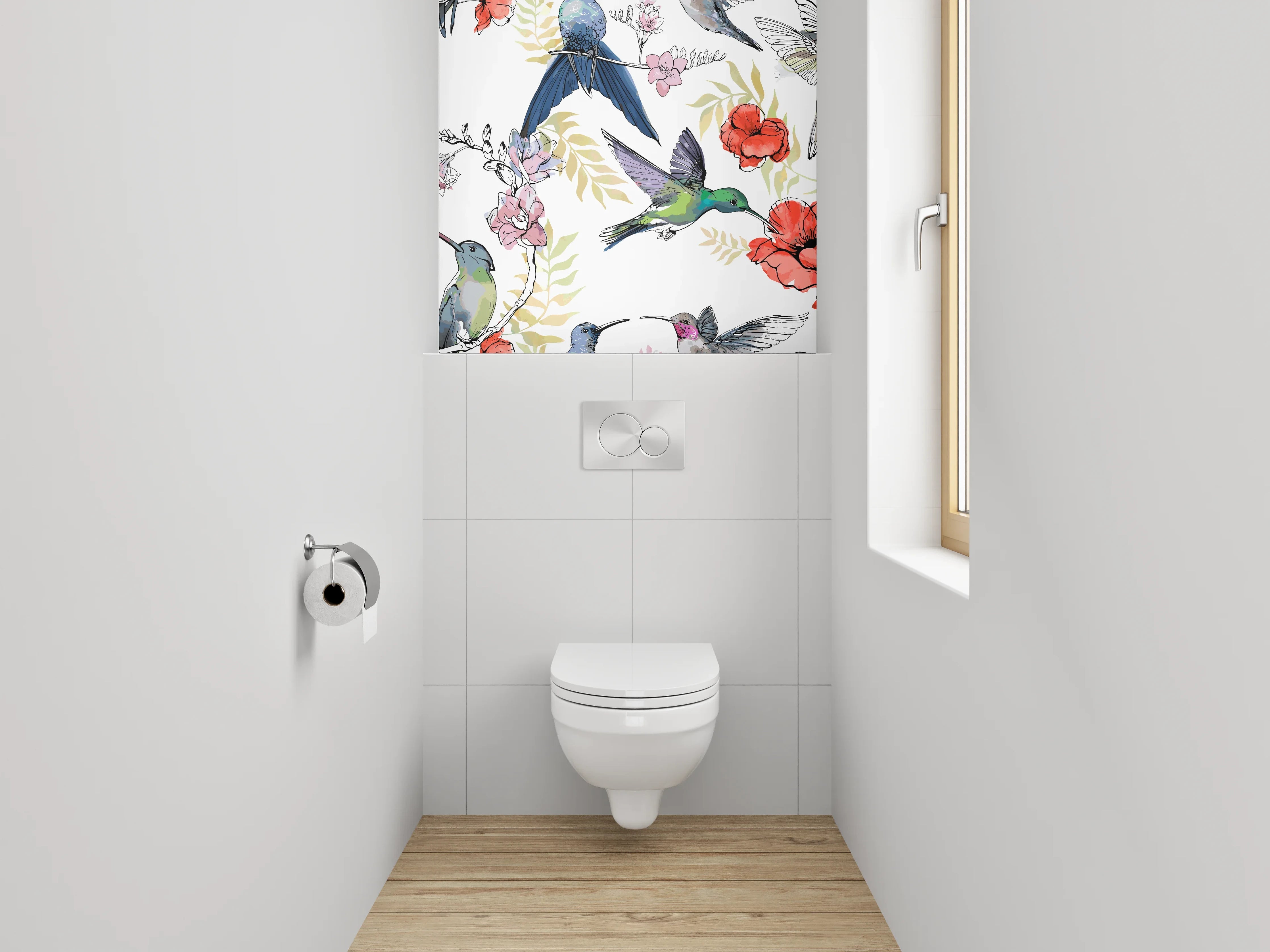 WC-Rückwand - Kolibri mit Blumen Aquarell-Muster