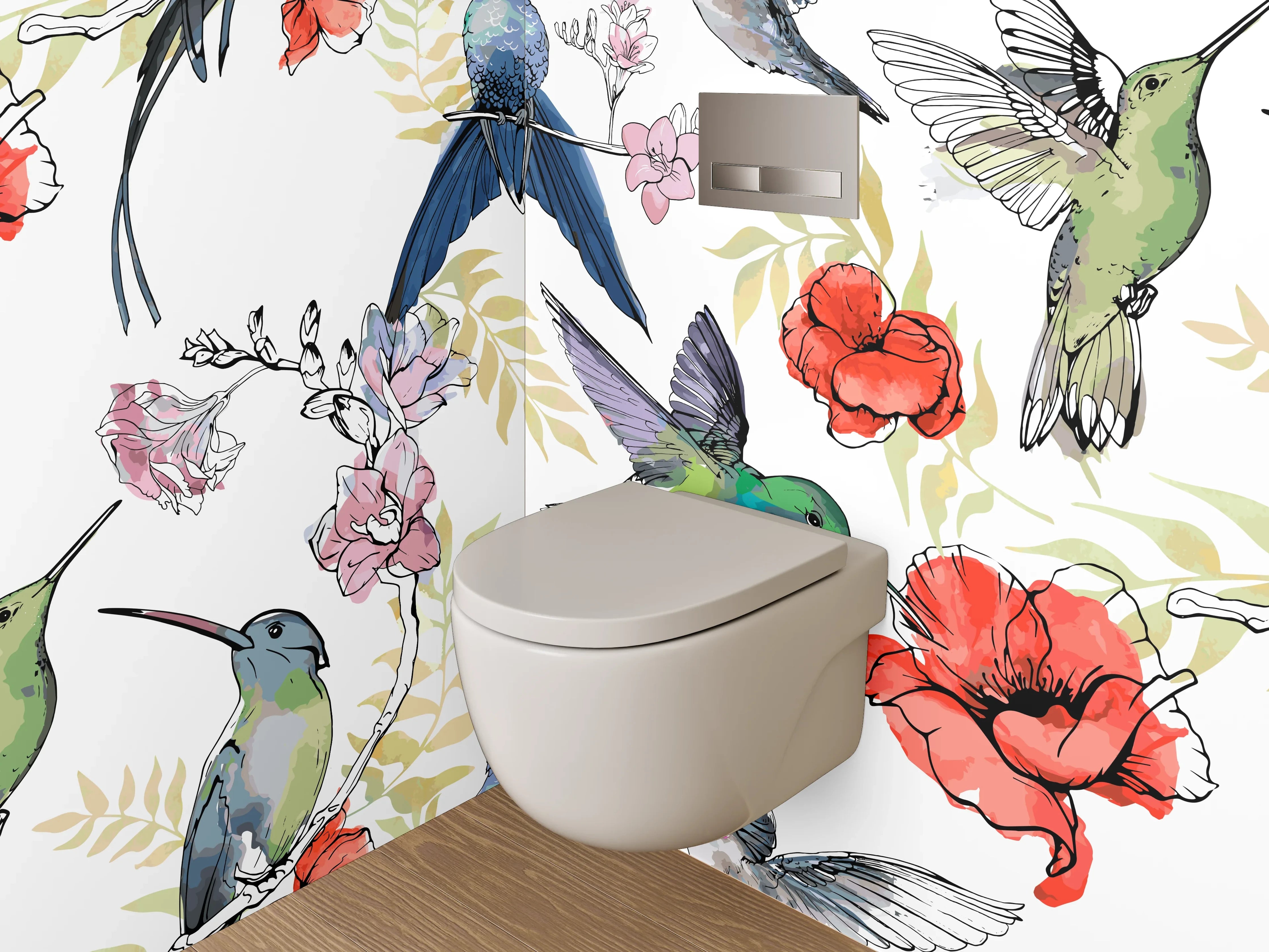WC-Rückwand - Kolibri mit Blumen Aquarell-Muster