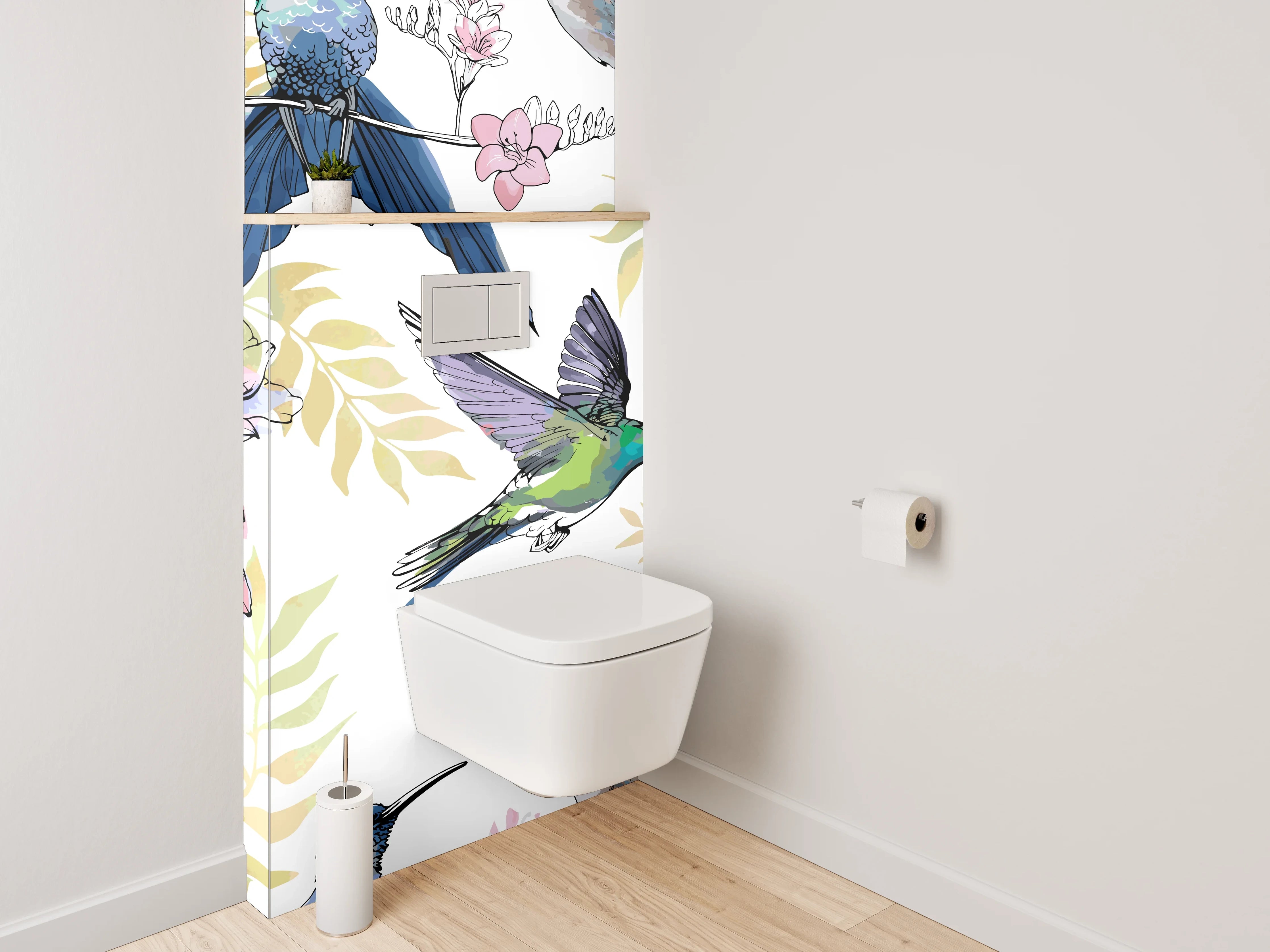 WC-Rückwand - Kolibri mit Blumen Aquarell-Muster