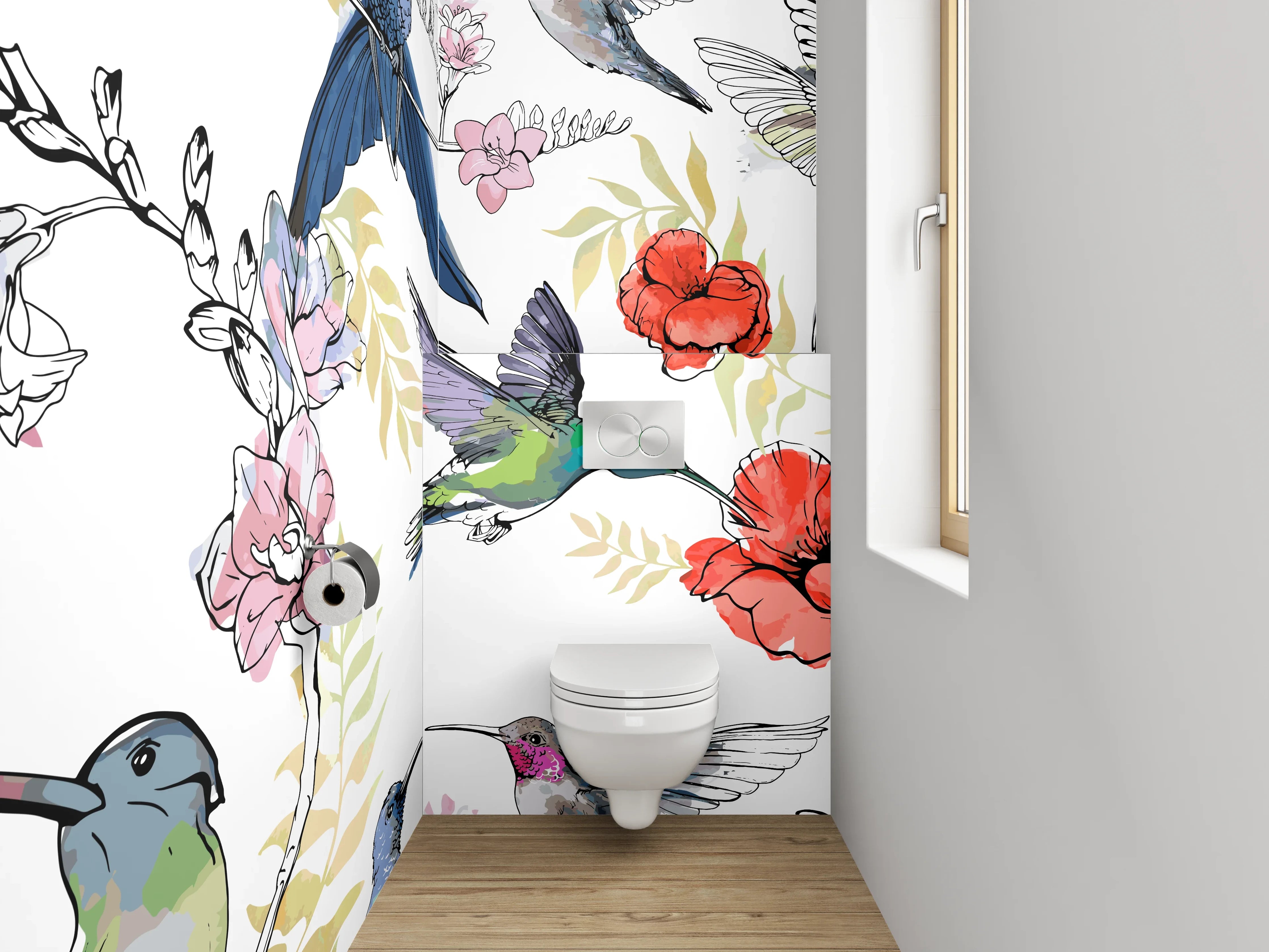 WC-Rückwand - Kolibri und Blüten Aquarell Muster