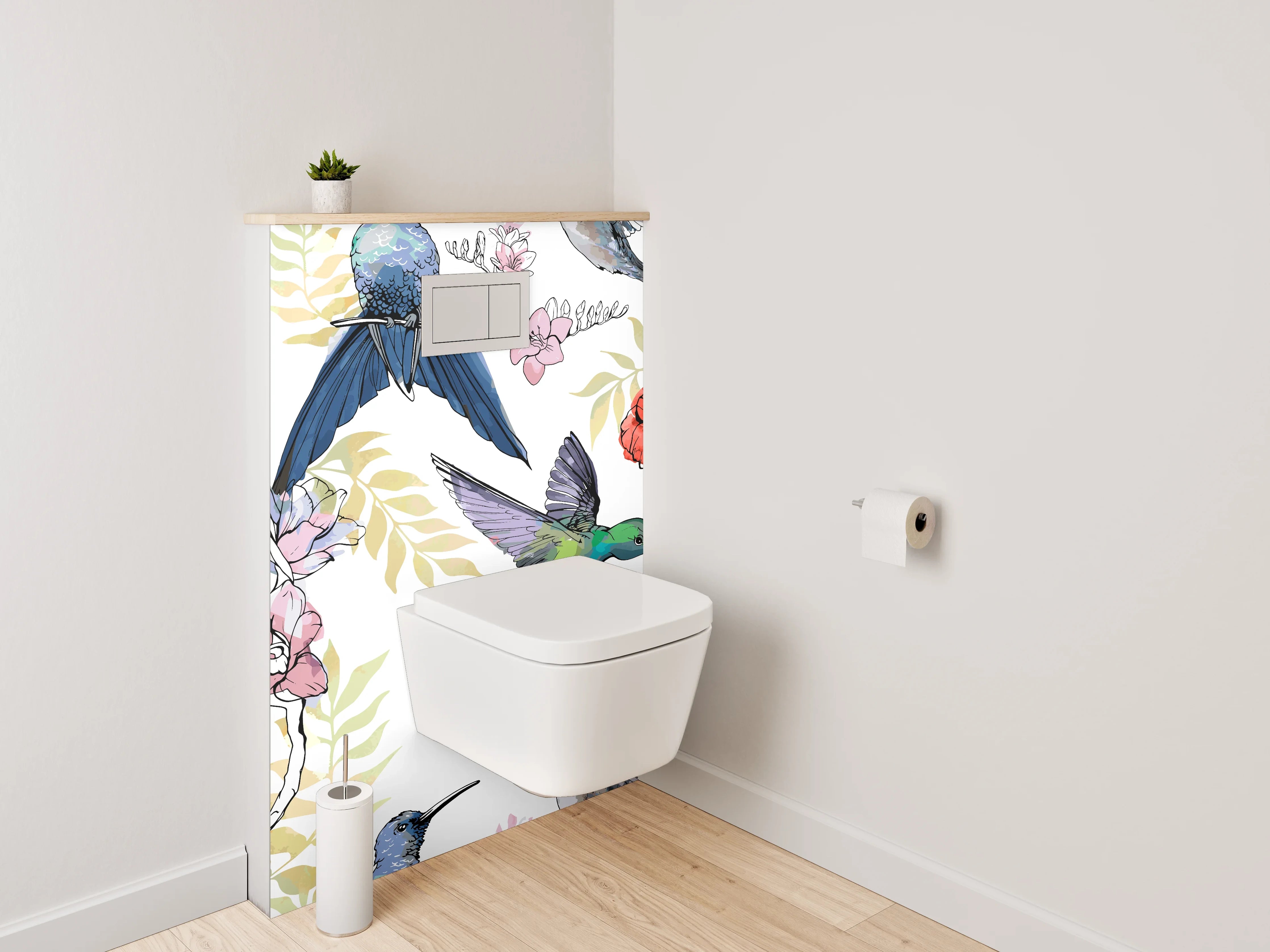 WC-Rückwand - Kolibri und Mohnblumen Aquarell Dekor