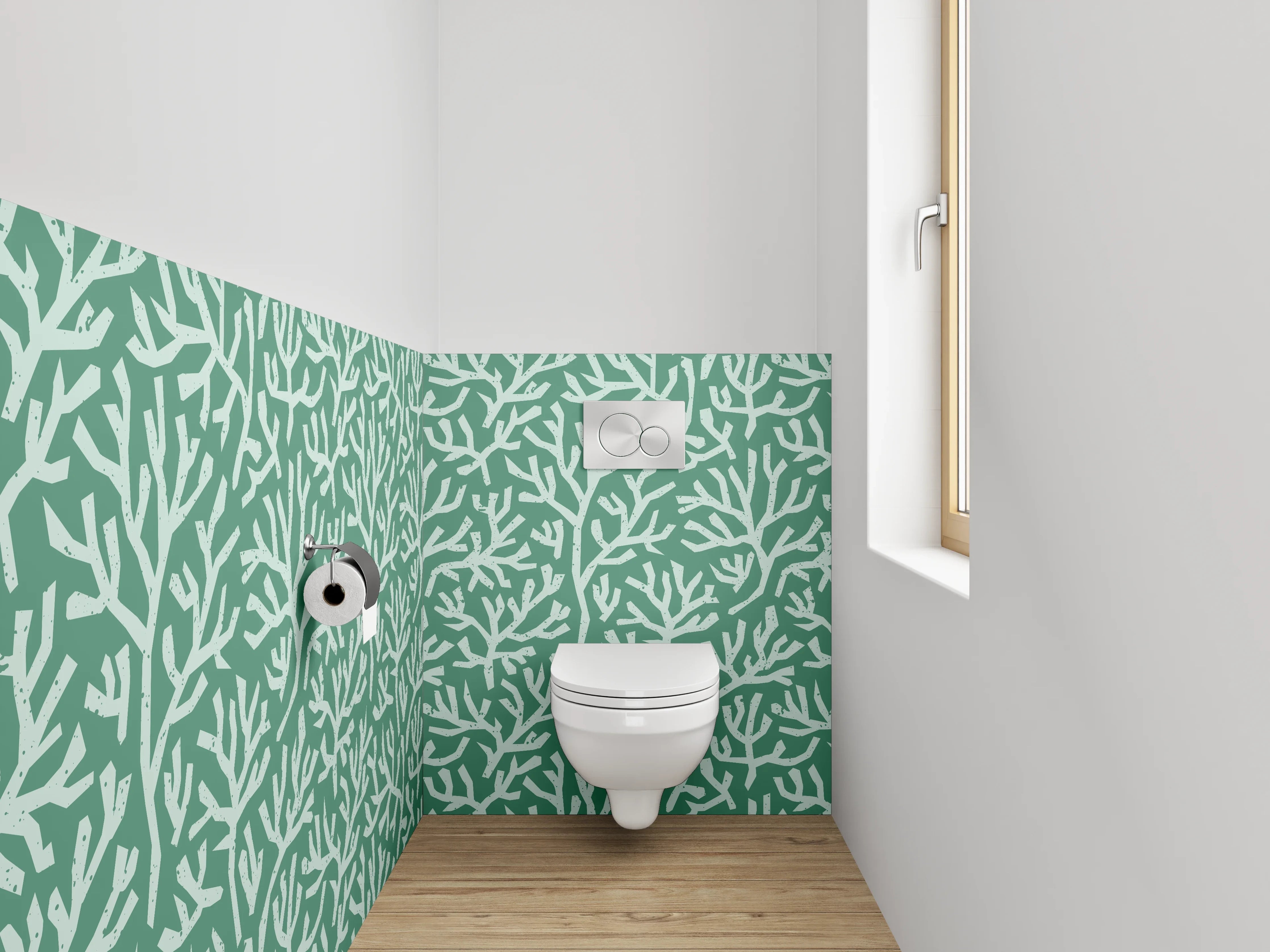 WC-Rückwand - Korallenmuster Grün Weiß Badezimmer Design