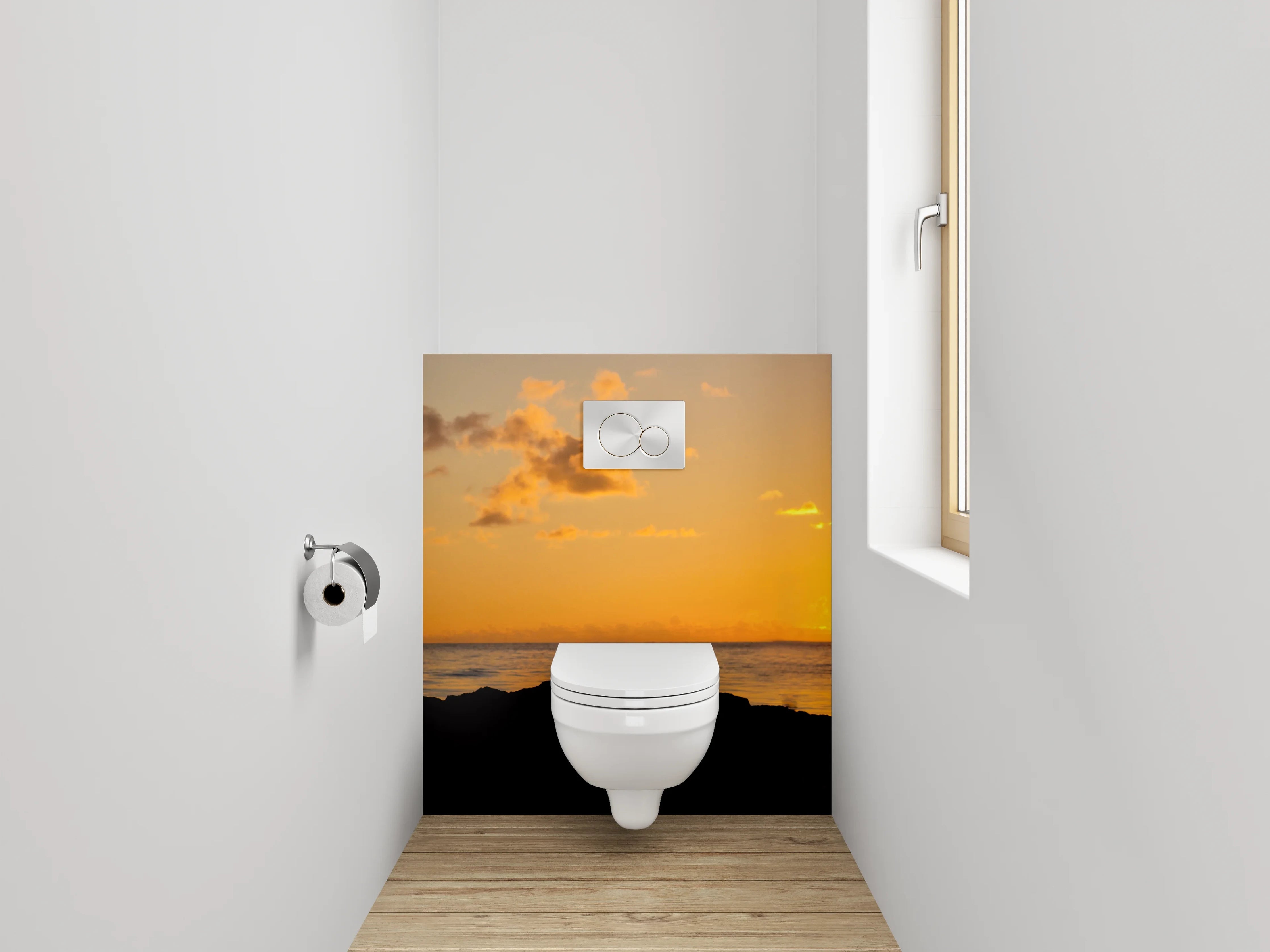 WC-Rückwand - Kranich bei Sonnenuntergang am Meer