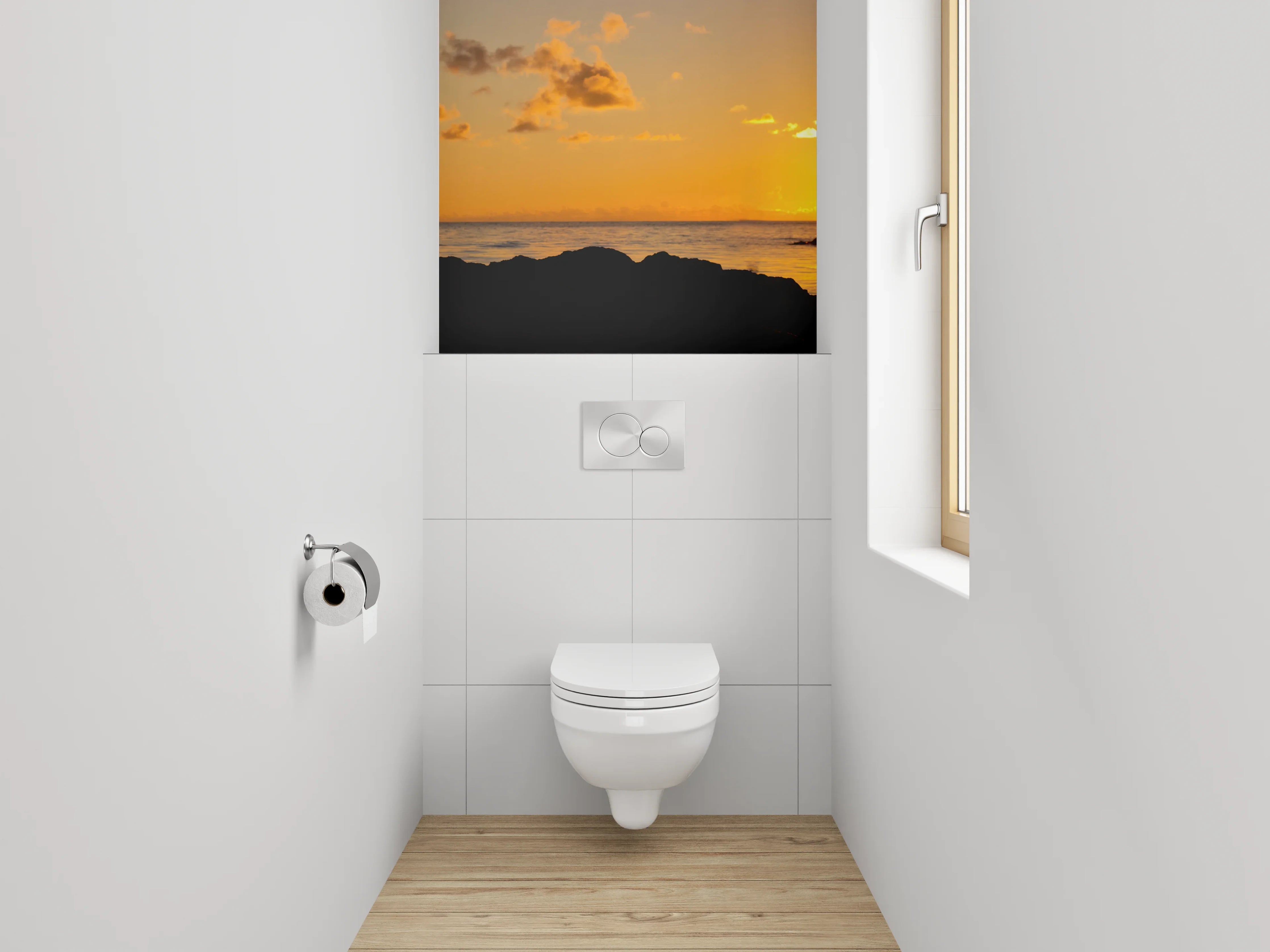 WC-Rückwand - Kranich bei Sonnenuntergang am Meer