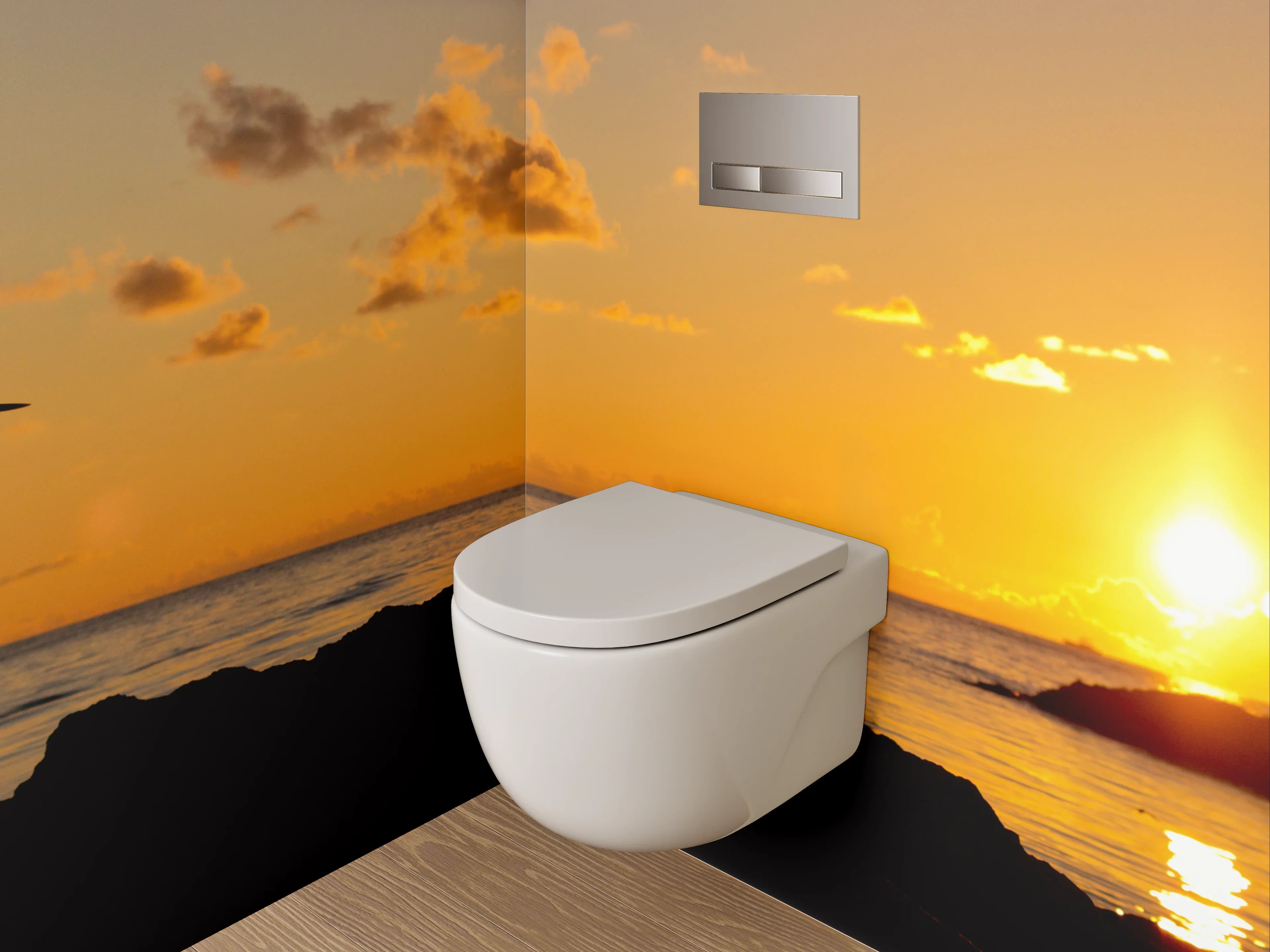 WC-Rückwand - Kranich bei Sonnenuntergang am Meer