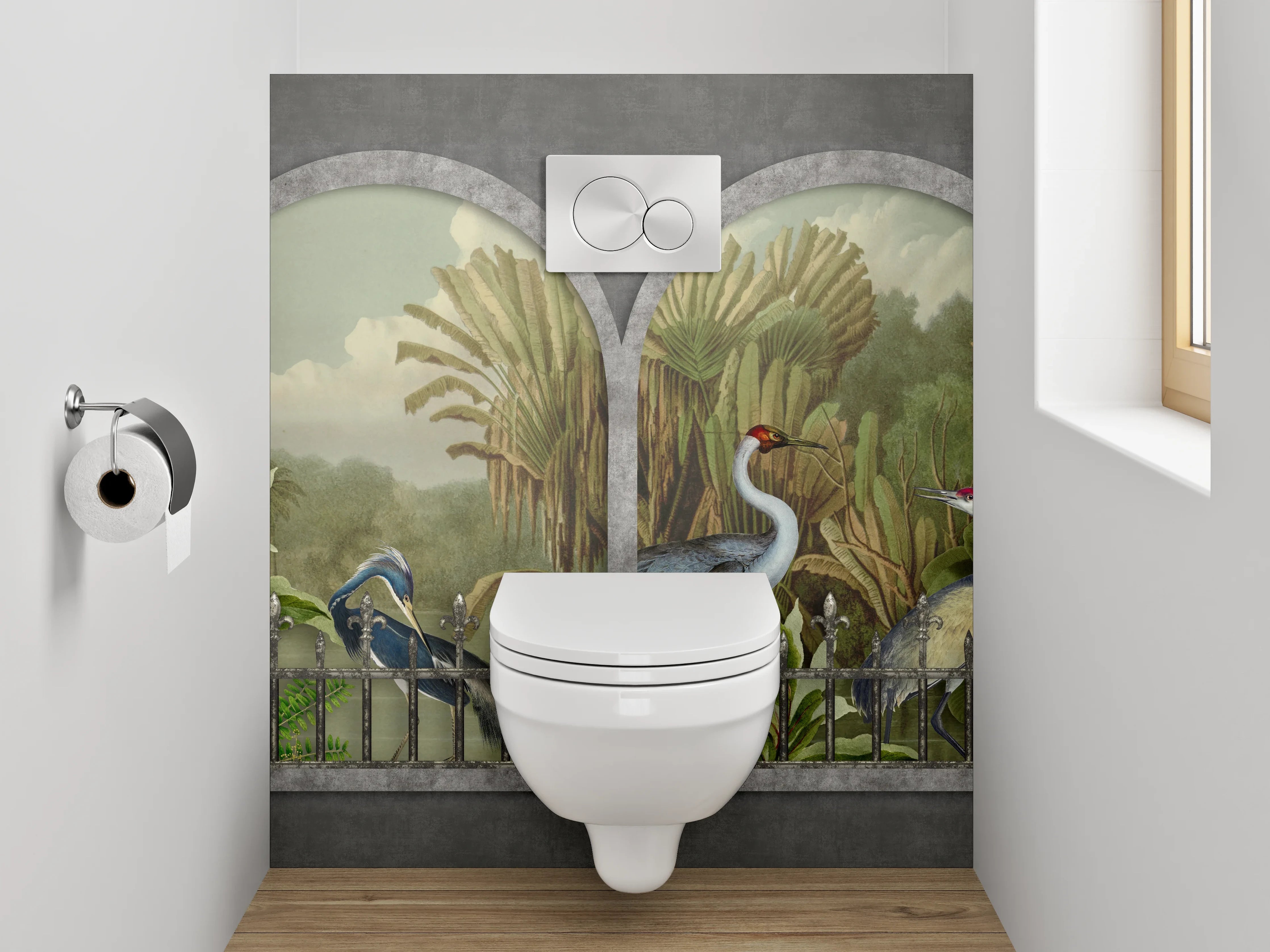 WC-Rückwand - Kraniche am Fenster – Dschungelidylle
