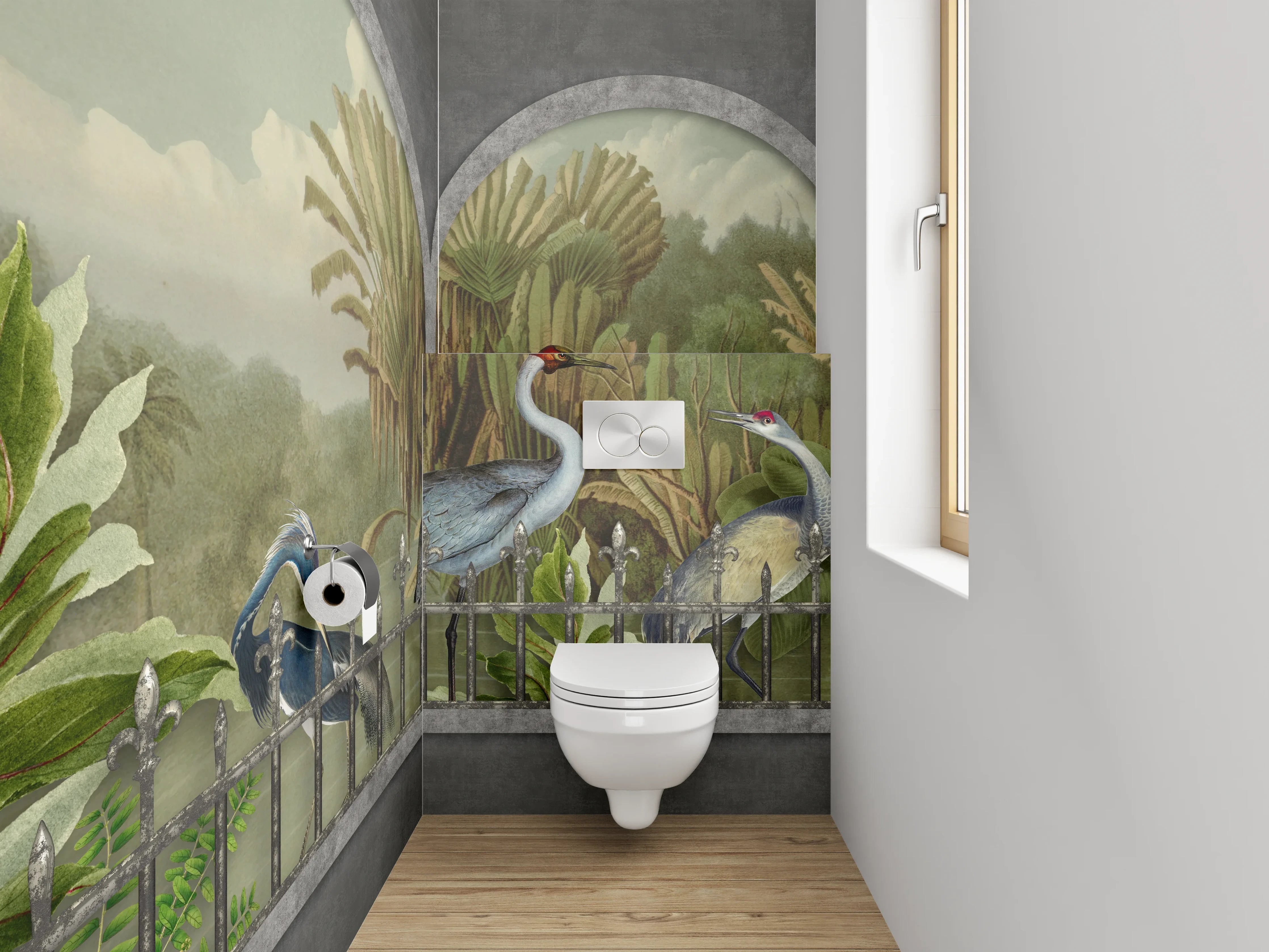WC-Rückwand - Kraniche am Fenster – Dschungelidylle