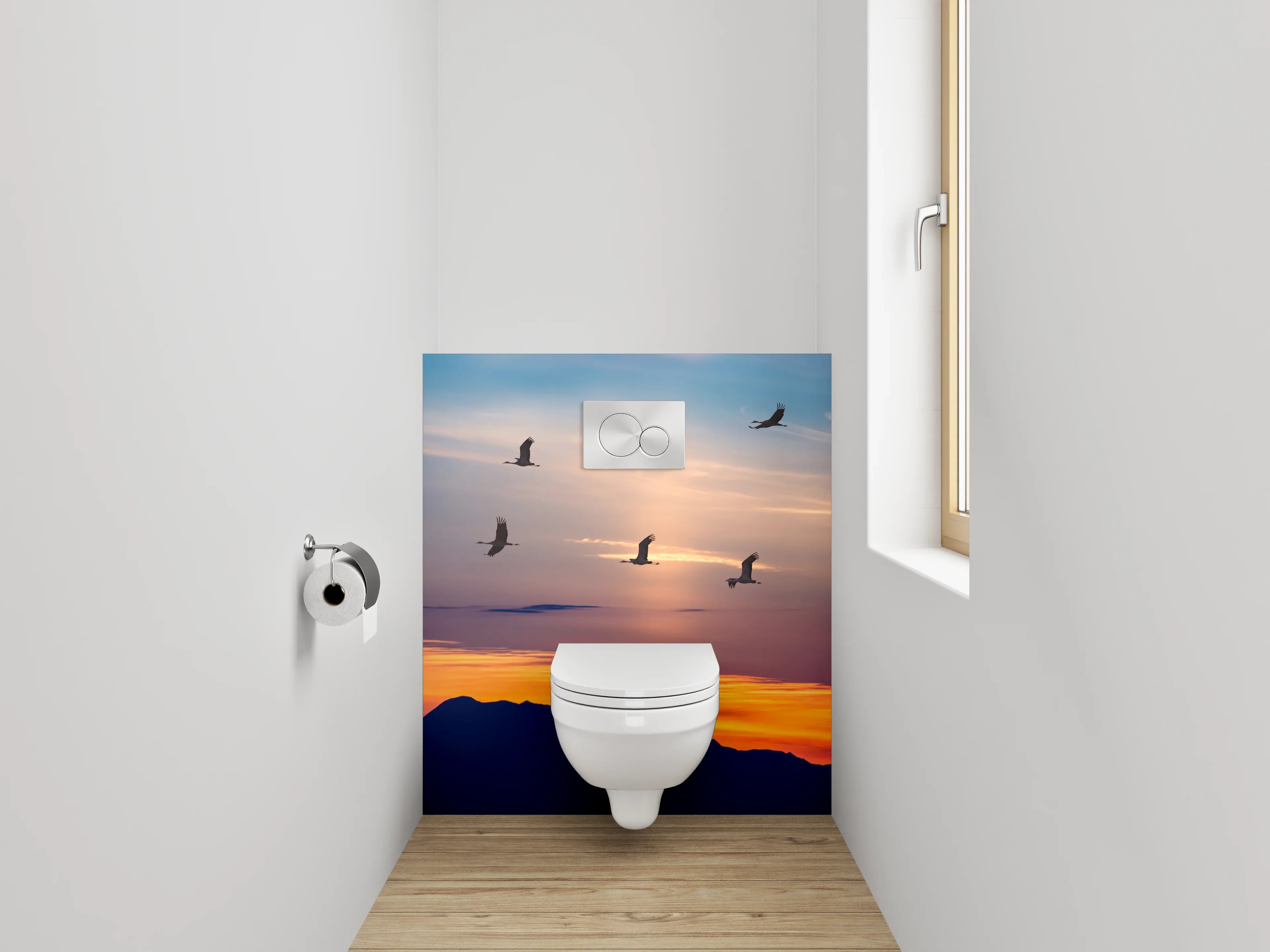 WC-Rückwand - Kraniche im Sonnenuntergang – Panorama