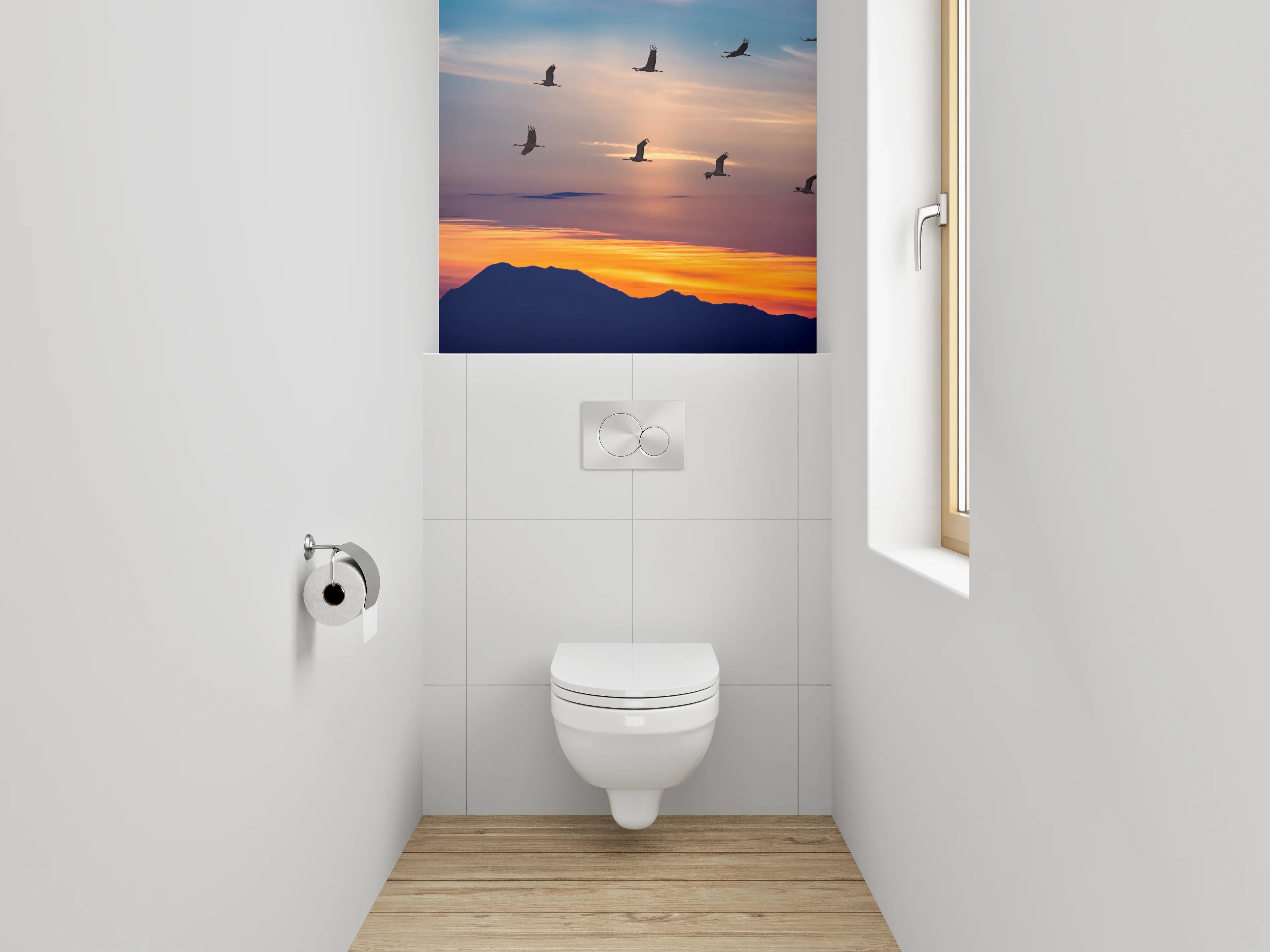 WC-Rückwand - Kraniche im Sonnenuntergang – Panorama