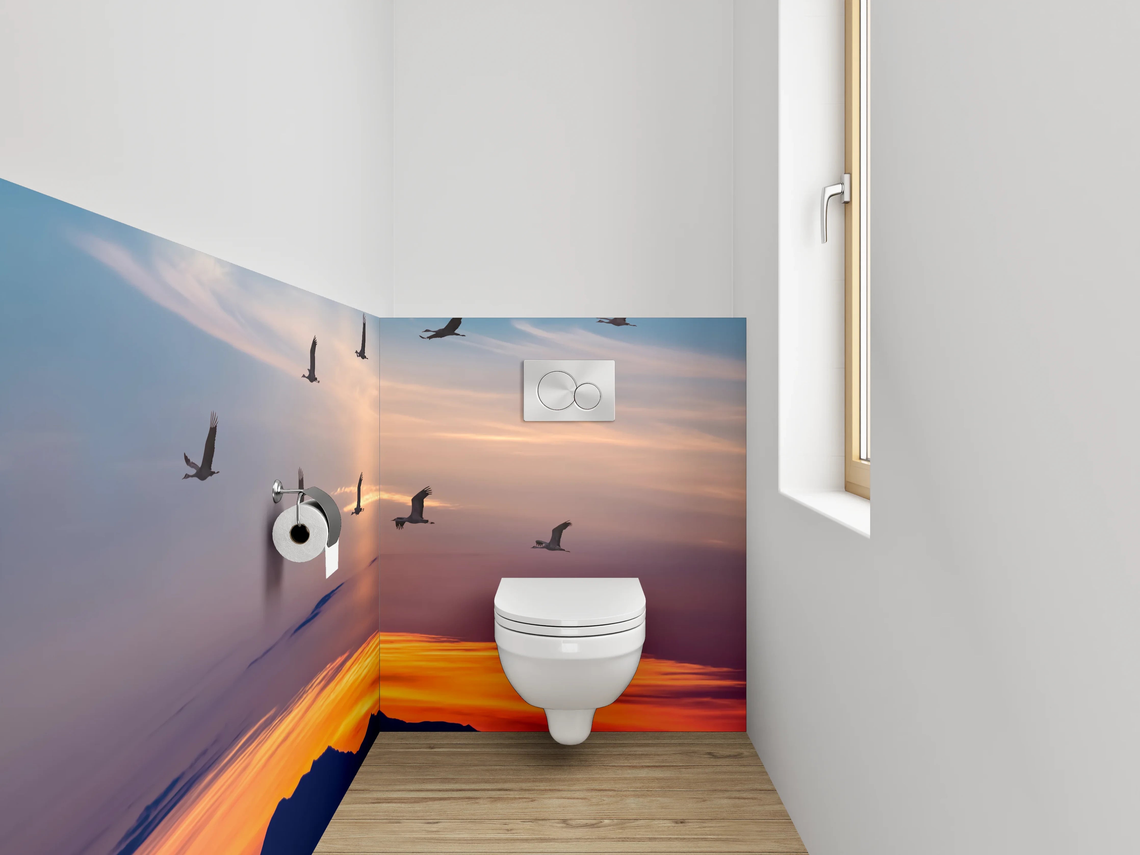 WC-Rückwand - Kraniche im Sonnenuntergang – Panorama