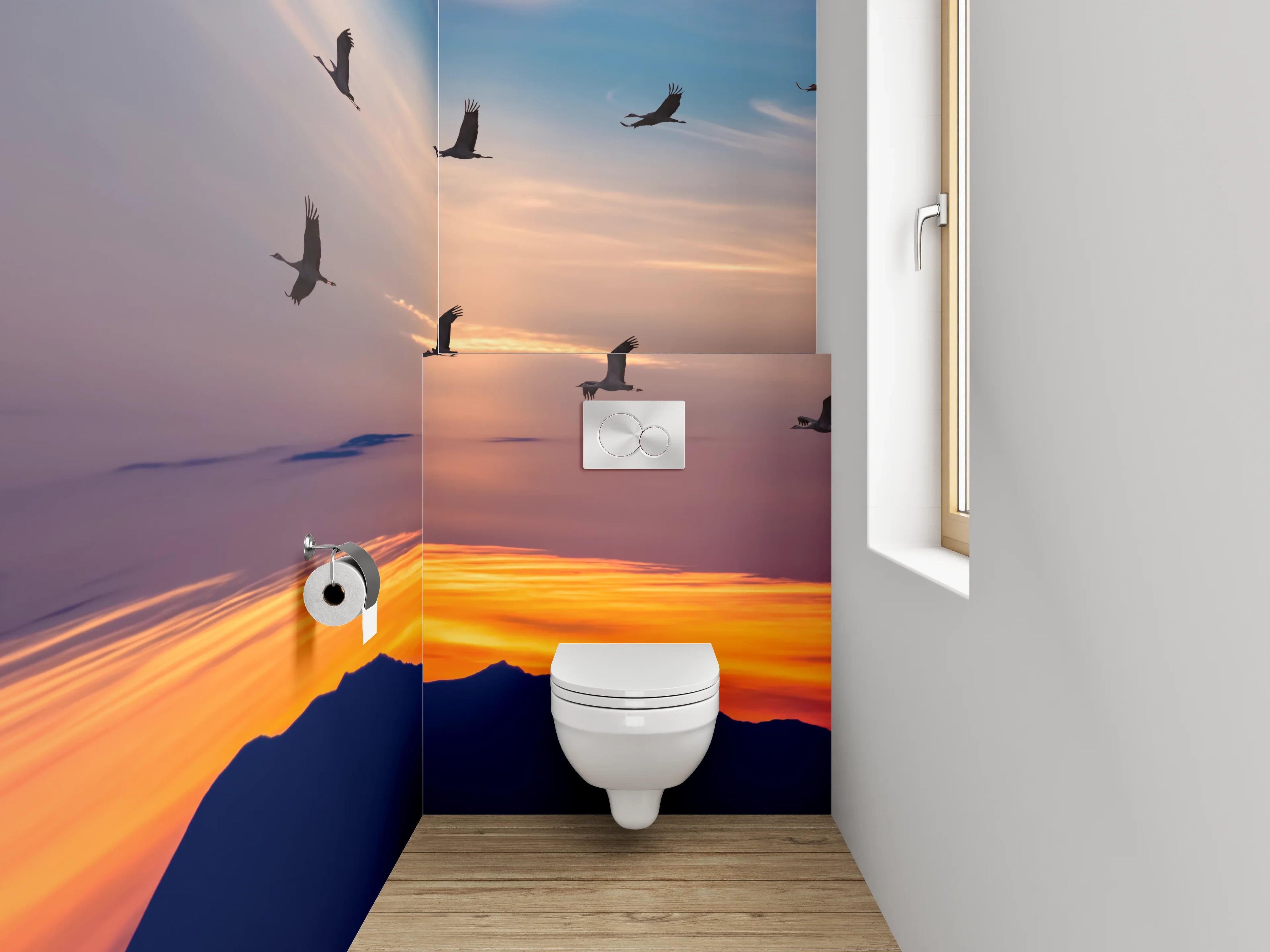 WC-Rückwand - Kraniche im Sonnenuntergang – Panorama
