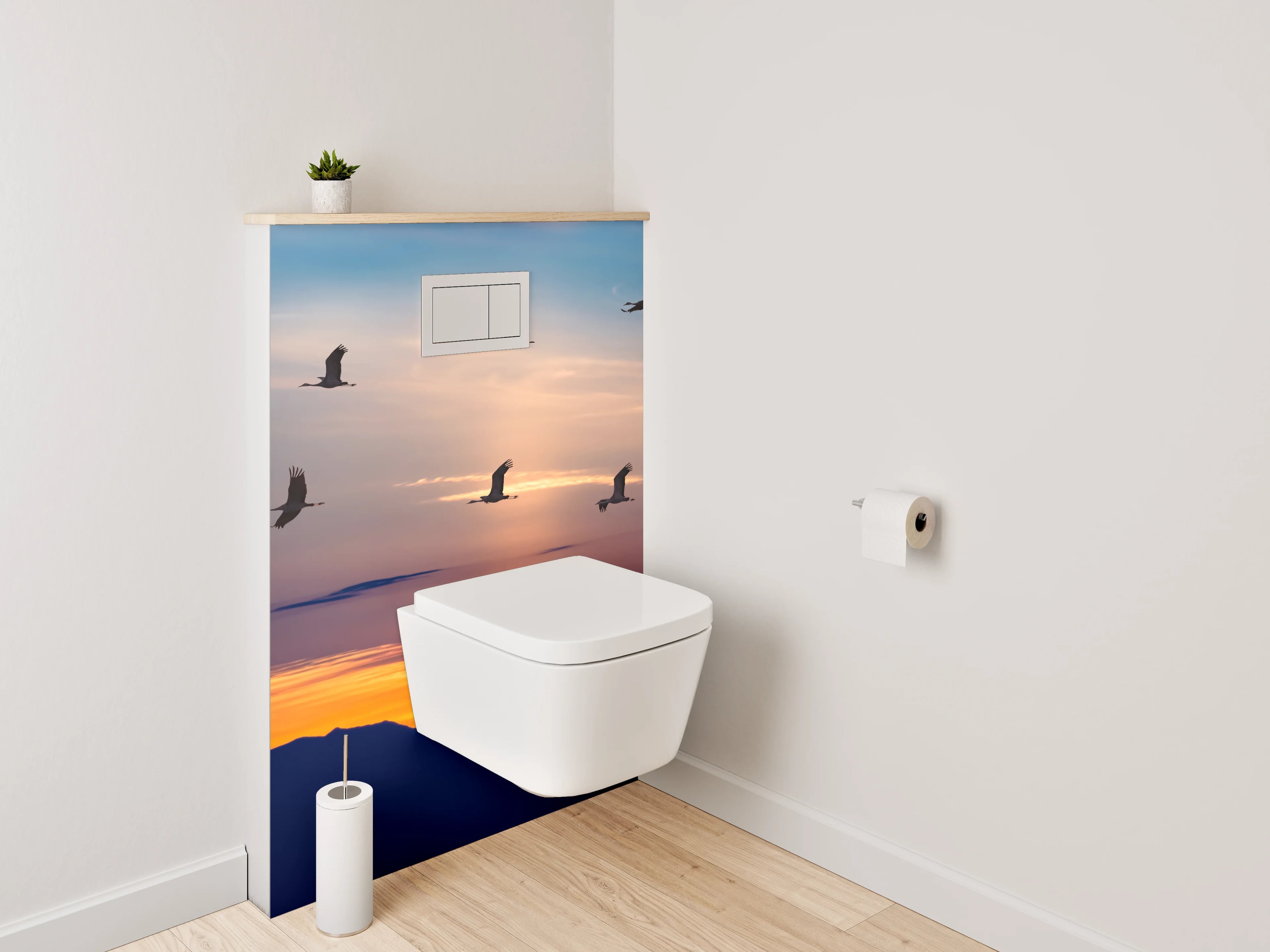 WC-Rückwand - Kraniche im Sonnenuntergang – Panorama