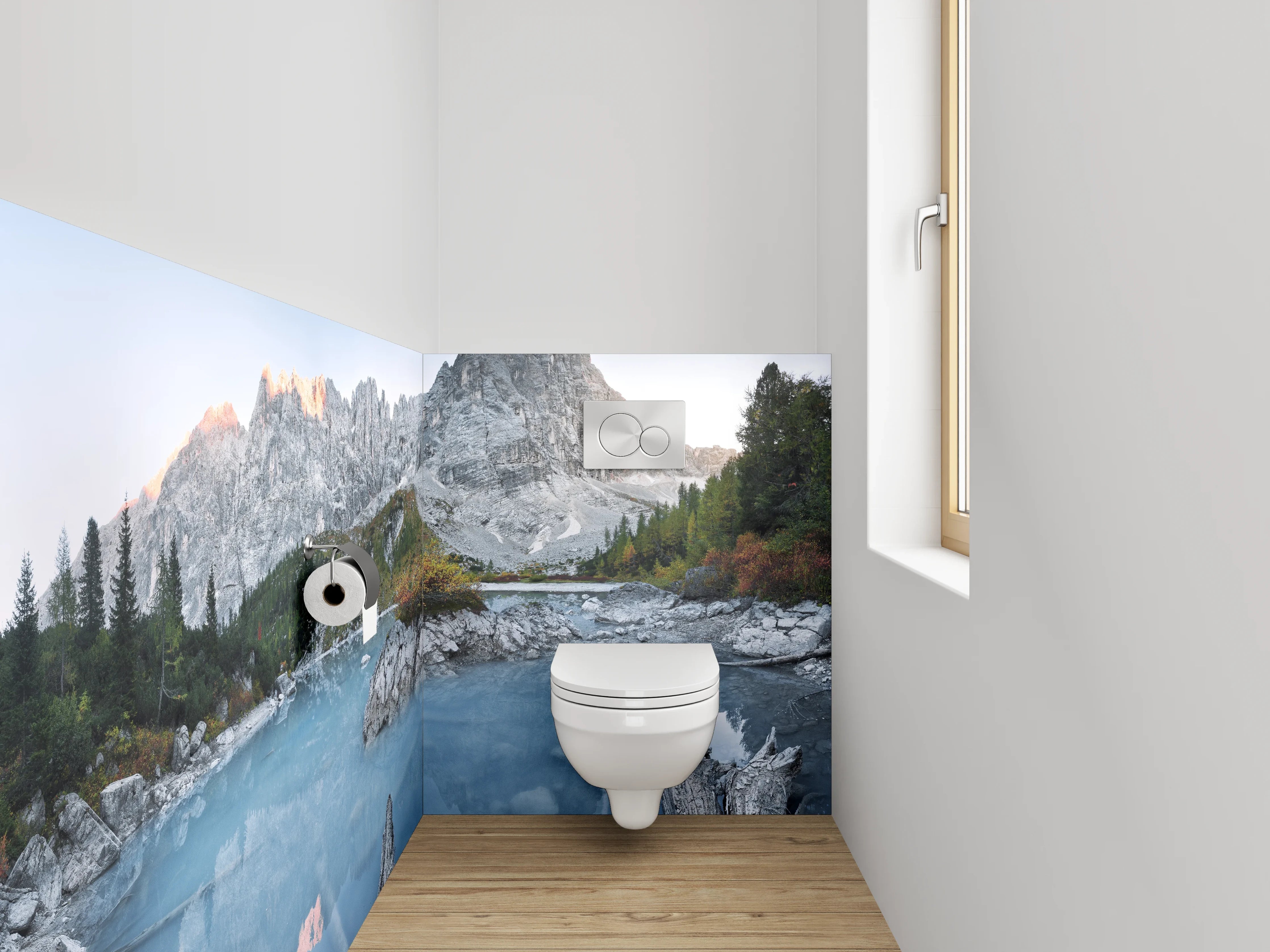 WC-Rückwand - Kristallklarer Bergsee und Felsgipfel