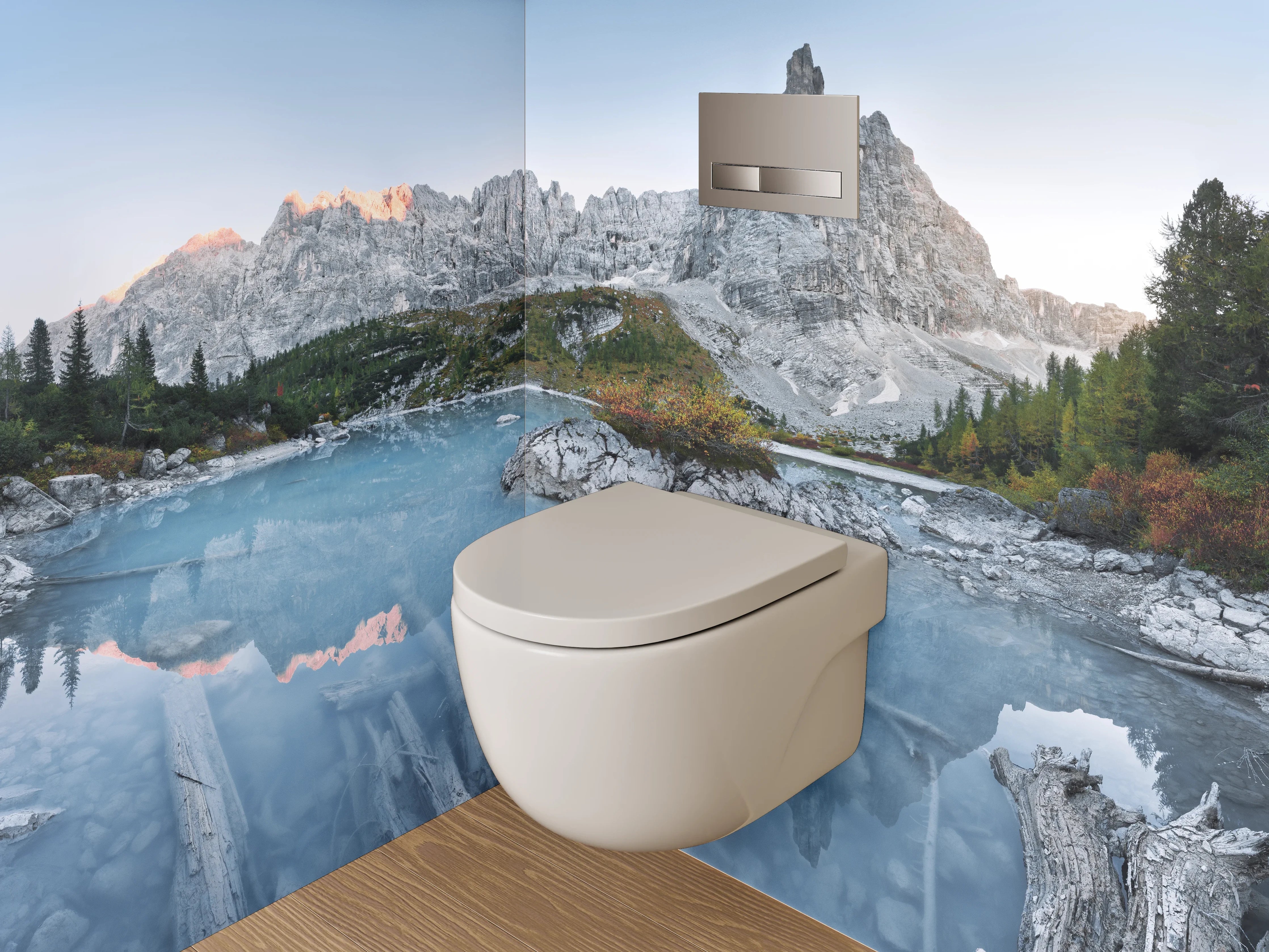 WC-Rückwand - Kristallklarer Bergsee und Felsgipfel