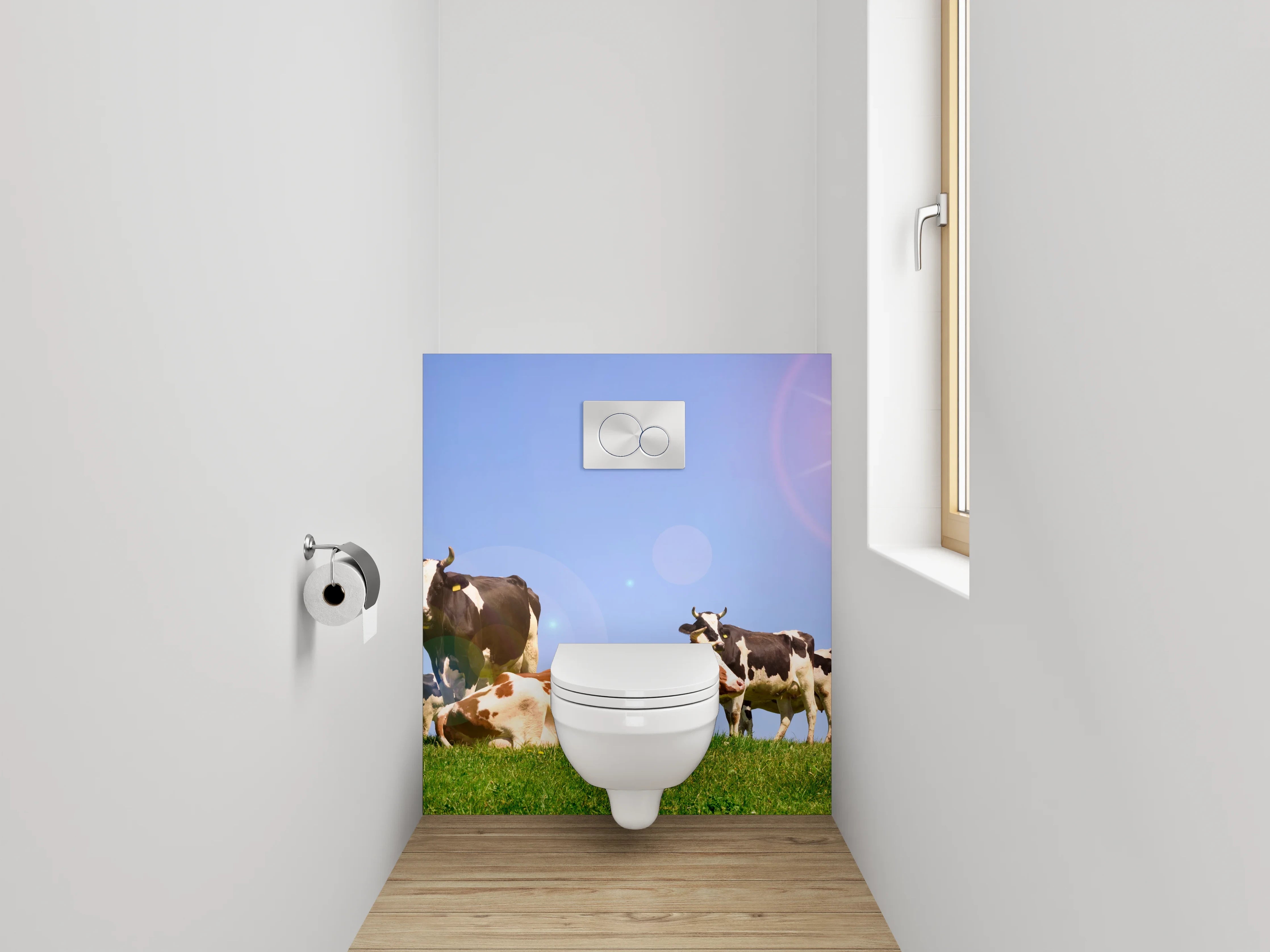 WC-Rückwand - Kühe auf grüner Weide unter Sonnenhimmel