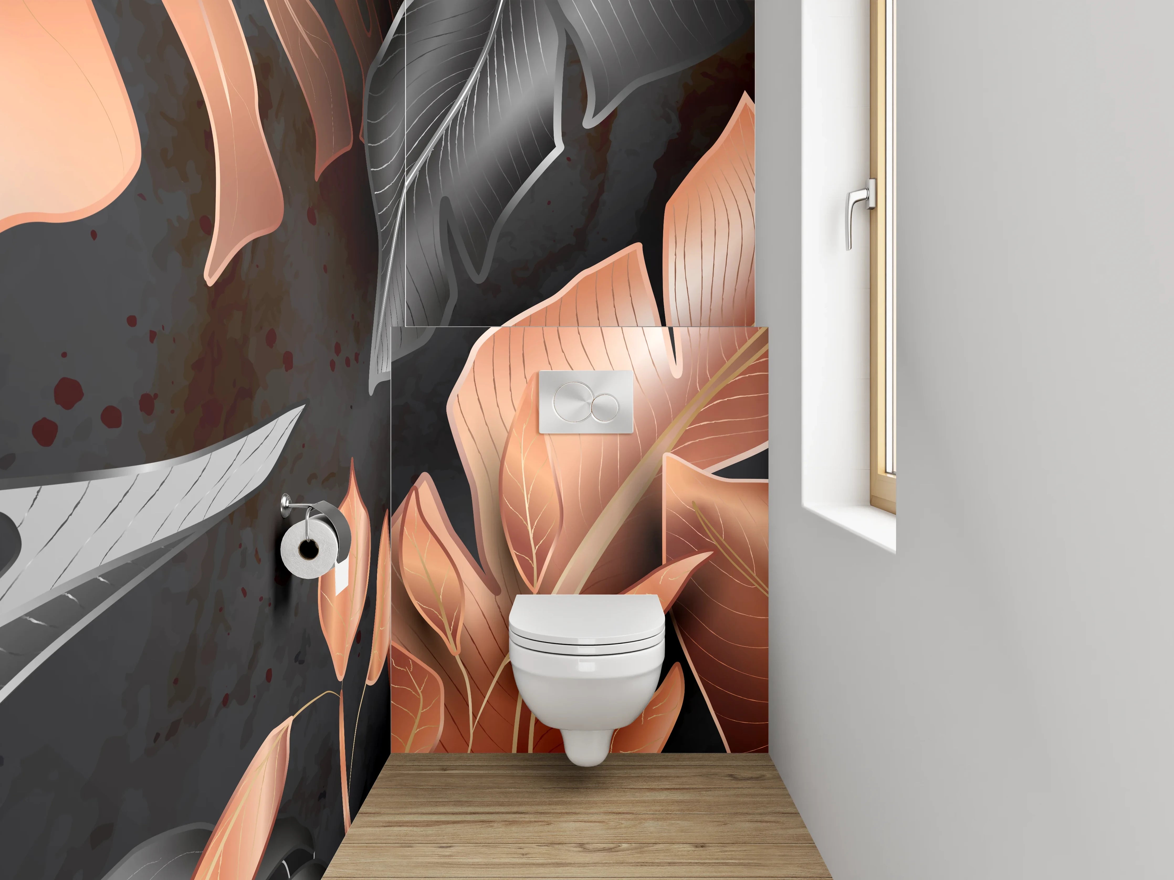 WC-Rückwand - Kupferfarbene Blätter auf Schwarz