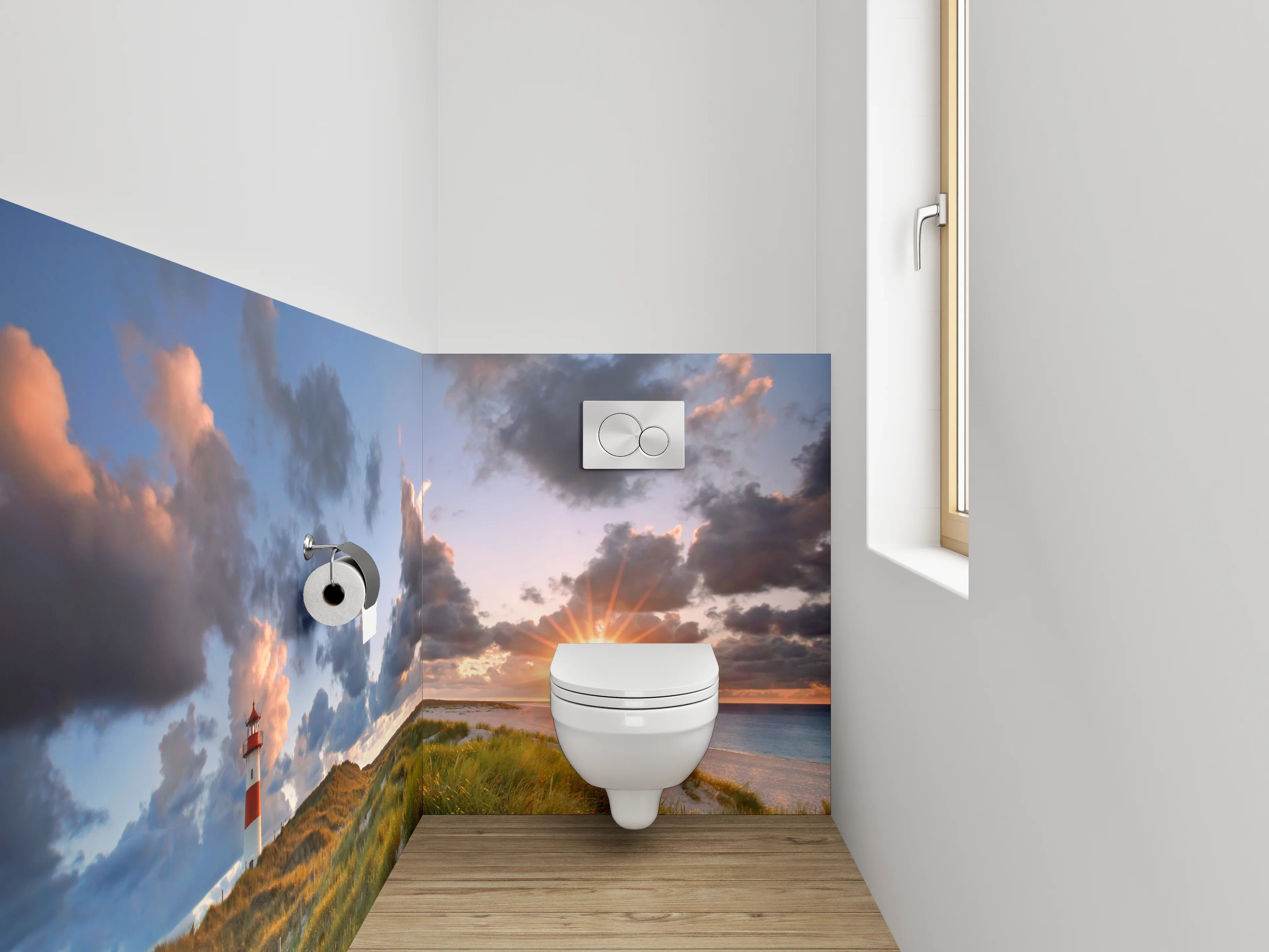 WC-Rückwand - Landschaft mit Leuchtturm und Dünen