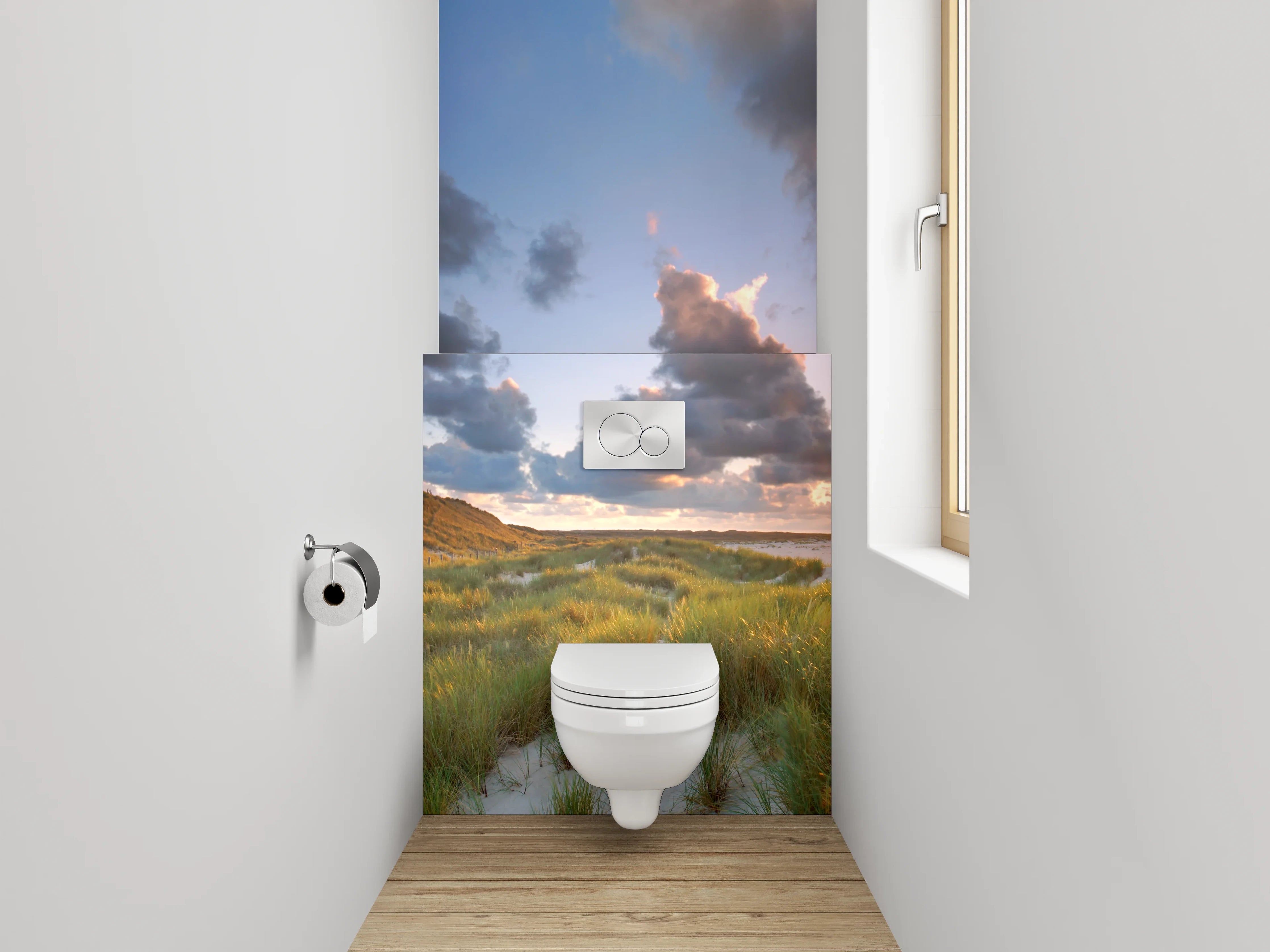 WC-Rückwand - Landschaft mit Leuchtturm und Dünen