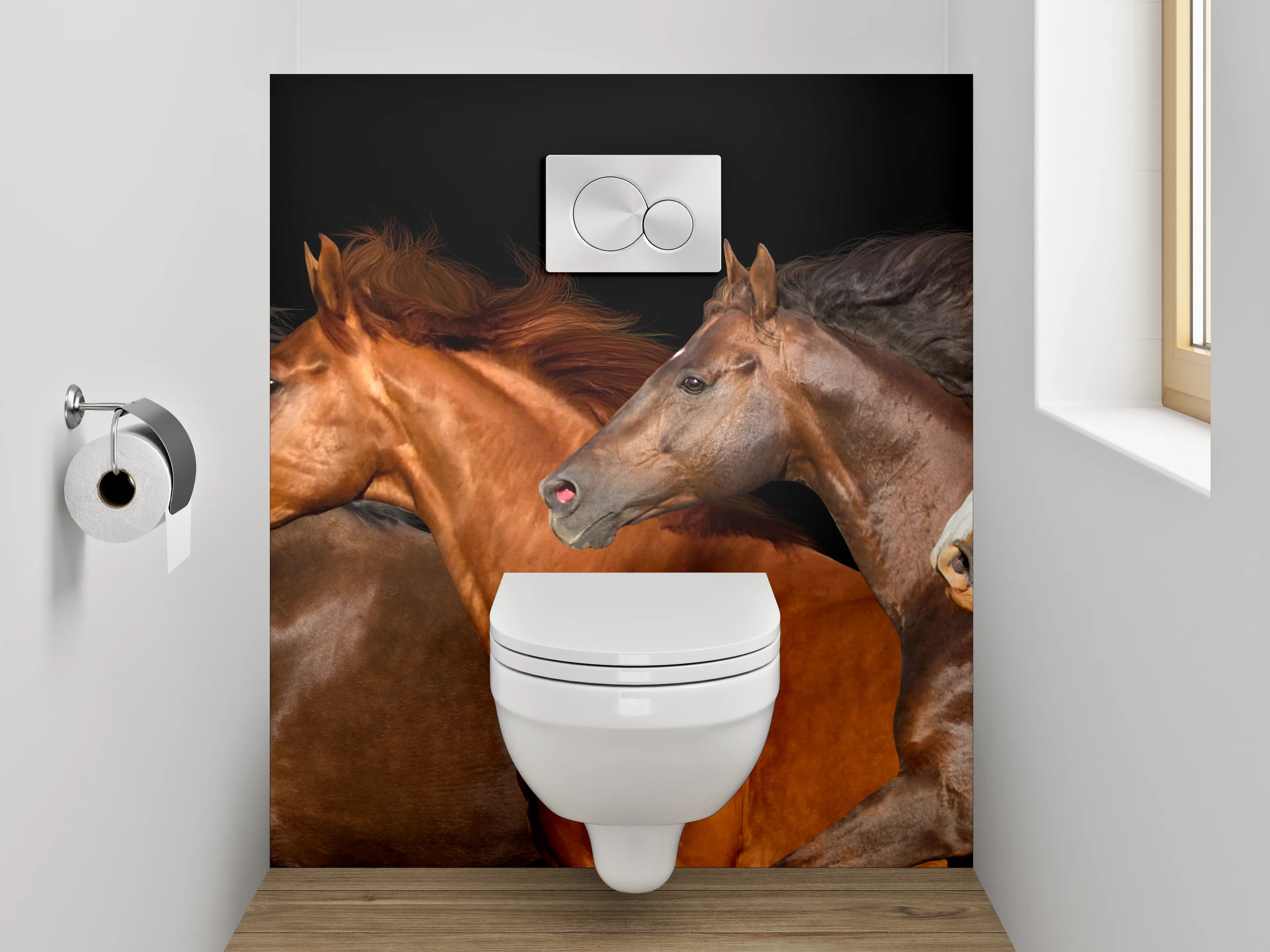 WC-Rückwand - Laufende Pferde auf schwarzem Hintergrund