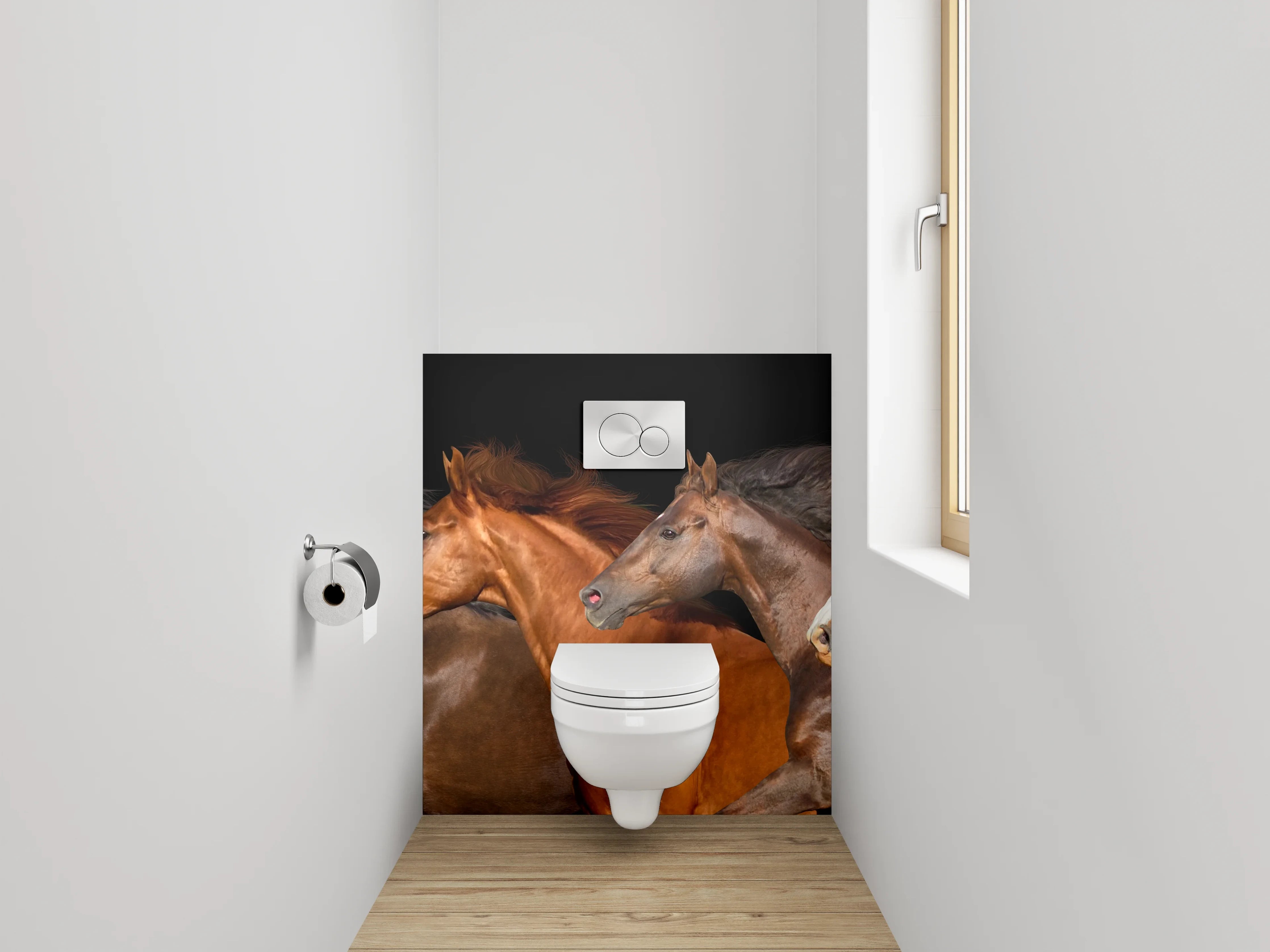 WC-Rückwand - Laufende Pferde auf schwarzem Hintergrund