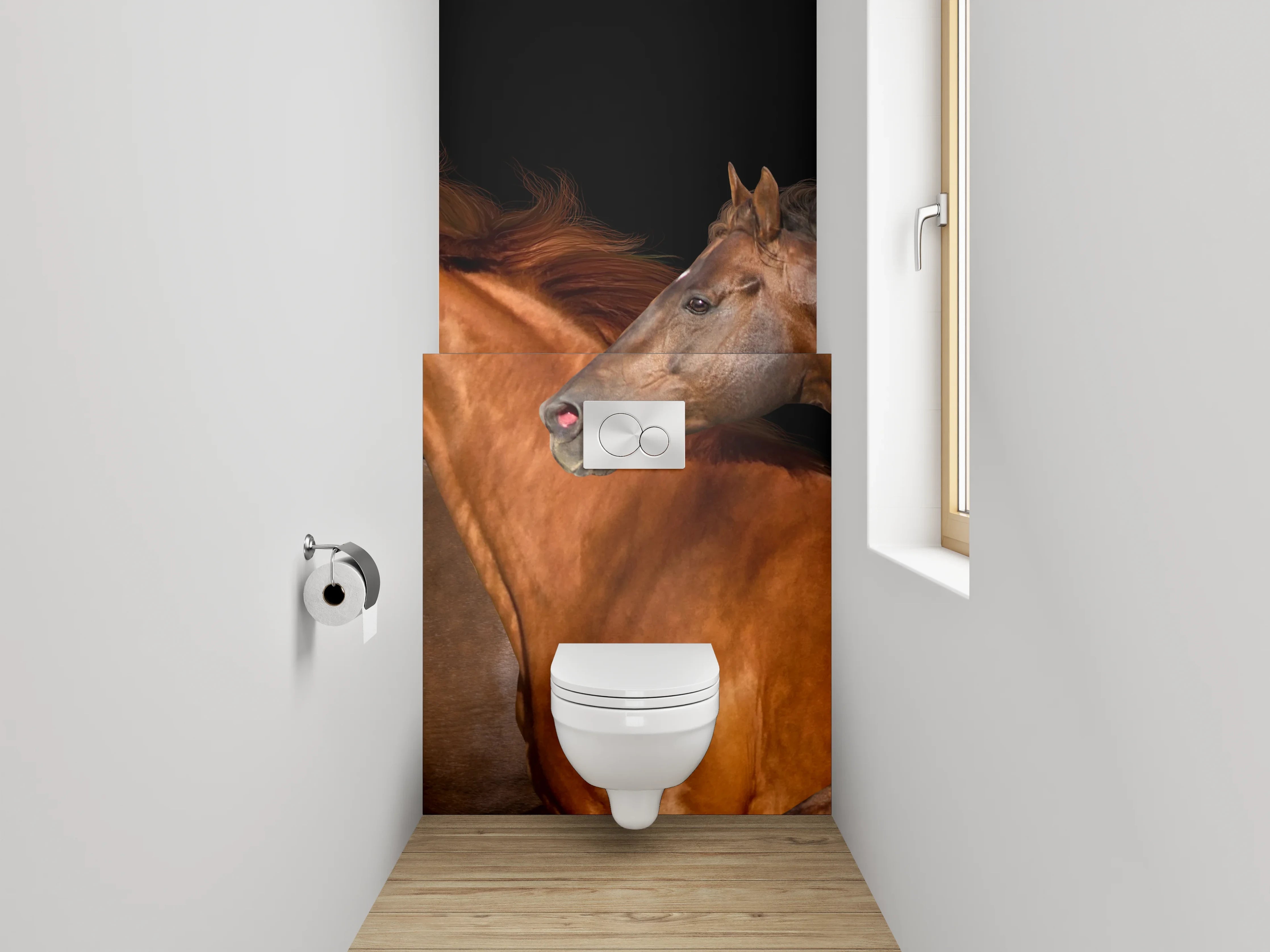 WC-Rückwand - Laufende Pferde auf schwarzem Hintergrund