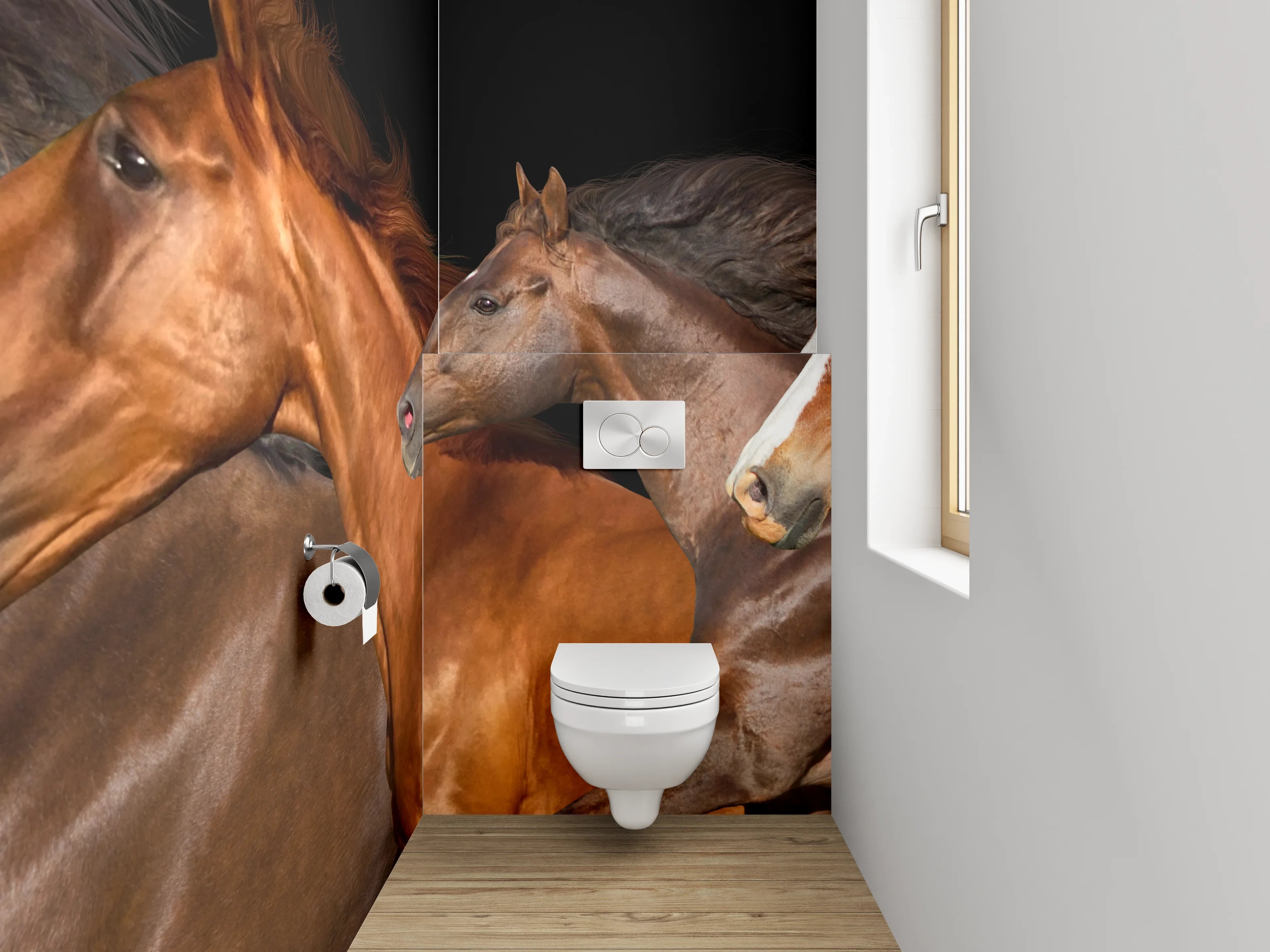 WC-Rückwand - Laufende Pferde auf schwarzem Hintergrund